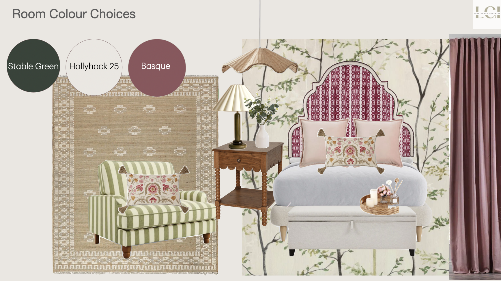 Interior design mood board featuring a bedroom with a pink patterned headboard, light pink and floral pillows, a white bed with a storage bench, a wooden bedside table with a lamp and vase, a green and white striped armchair with a floral decorative pillow, a beige rug with white accents, a floral wallpaper background, and pink curtains. A color palette with stable green, Hollyhock 25, and Basque hues is shown at the top left.