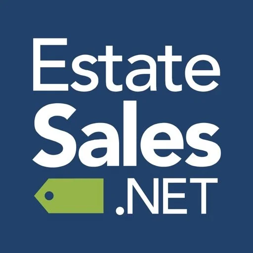 Logo for EstateSales.net with a green price tag icon on a dark blue background.
