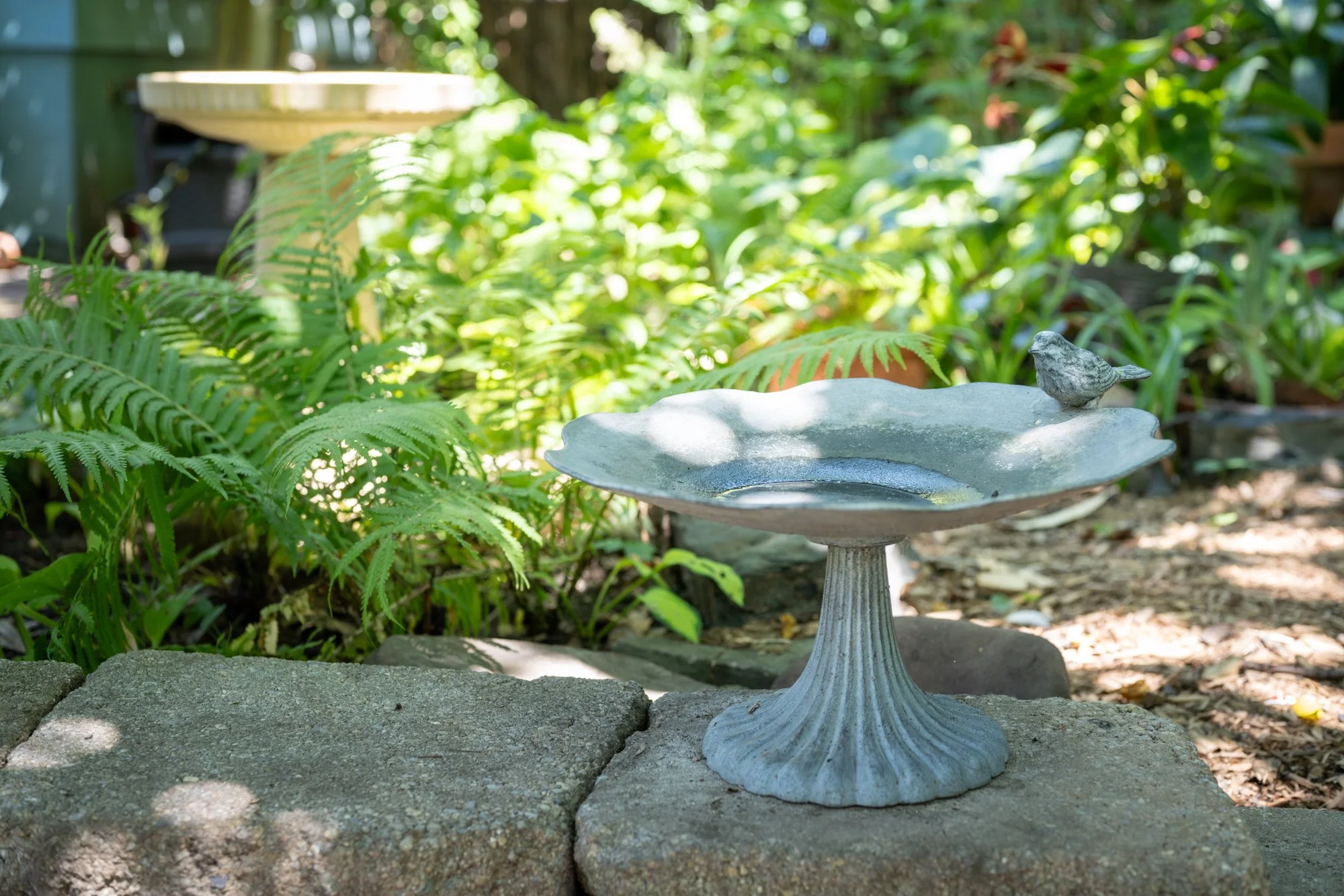 A bird-shaped decorative birdbath in a garden with lush green foliage and sunlight filtering through the trees.