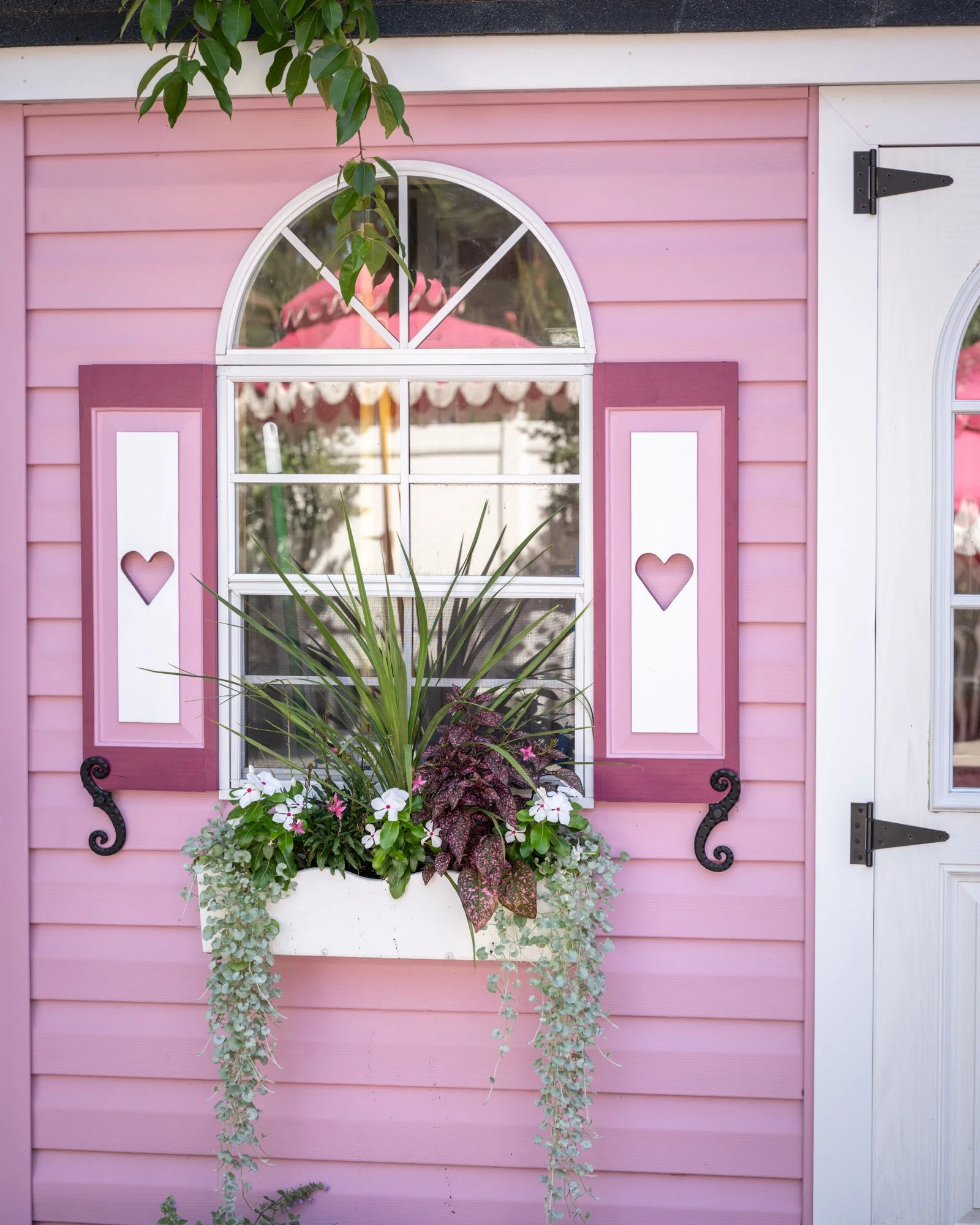 A pink wooden playhouse with white trim, decorated with a window with heart-shaped cutouts, and a flower box filled with various green and purple plants, with a split green plant growing in front.