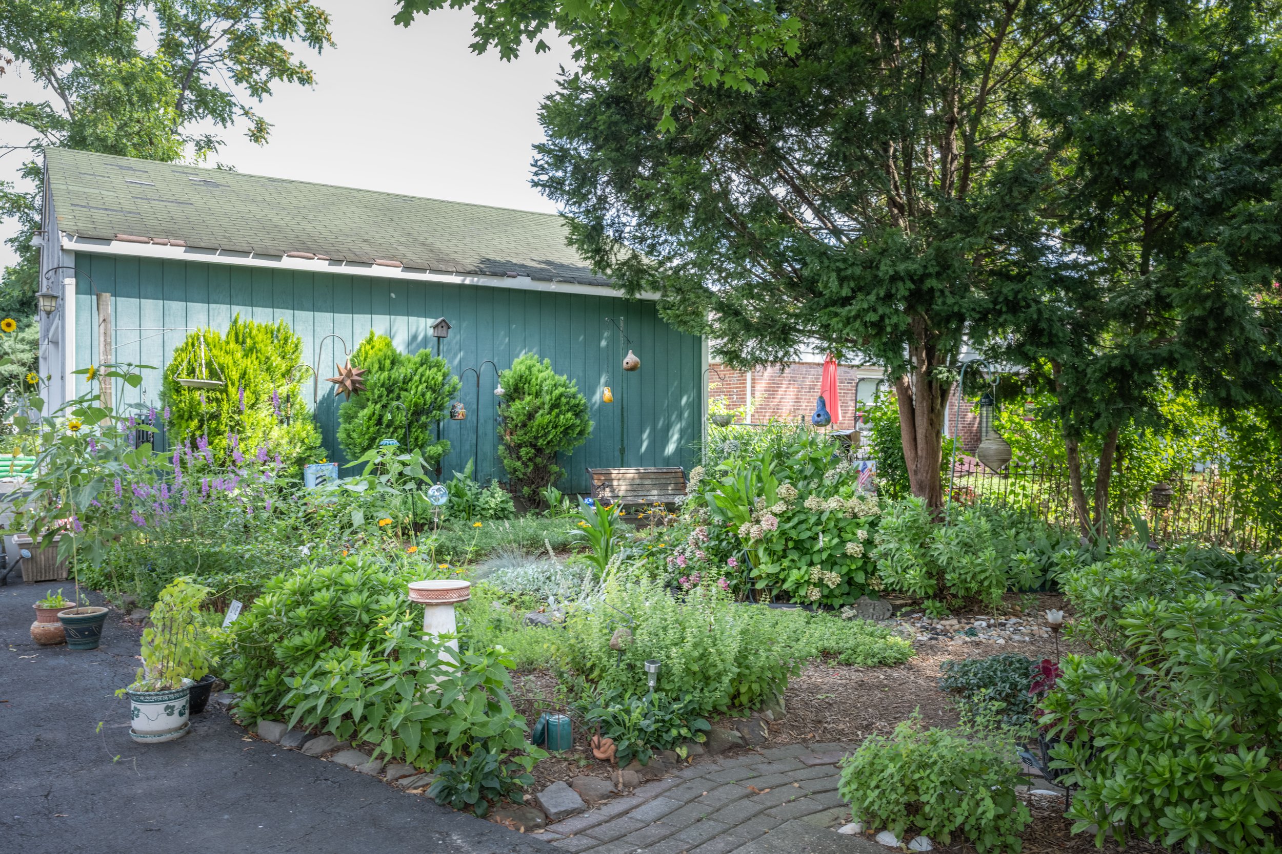 A lush garden with various green plants, flowers, and decorative items. There is a teal-colored shed with gardening decorations, a large tree providing shade, and a paved pathway with a rock border.