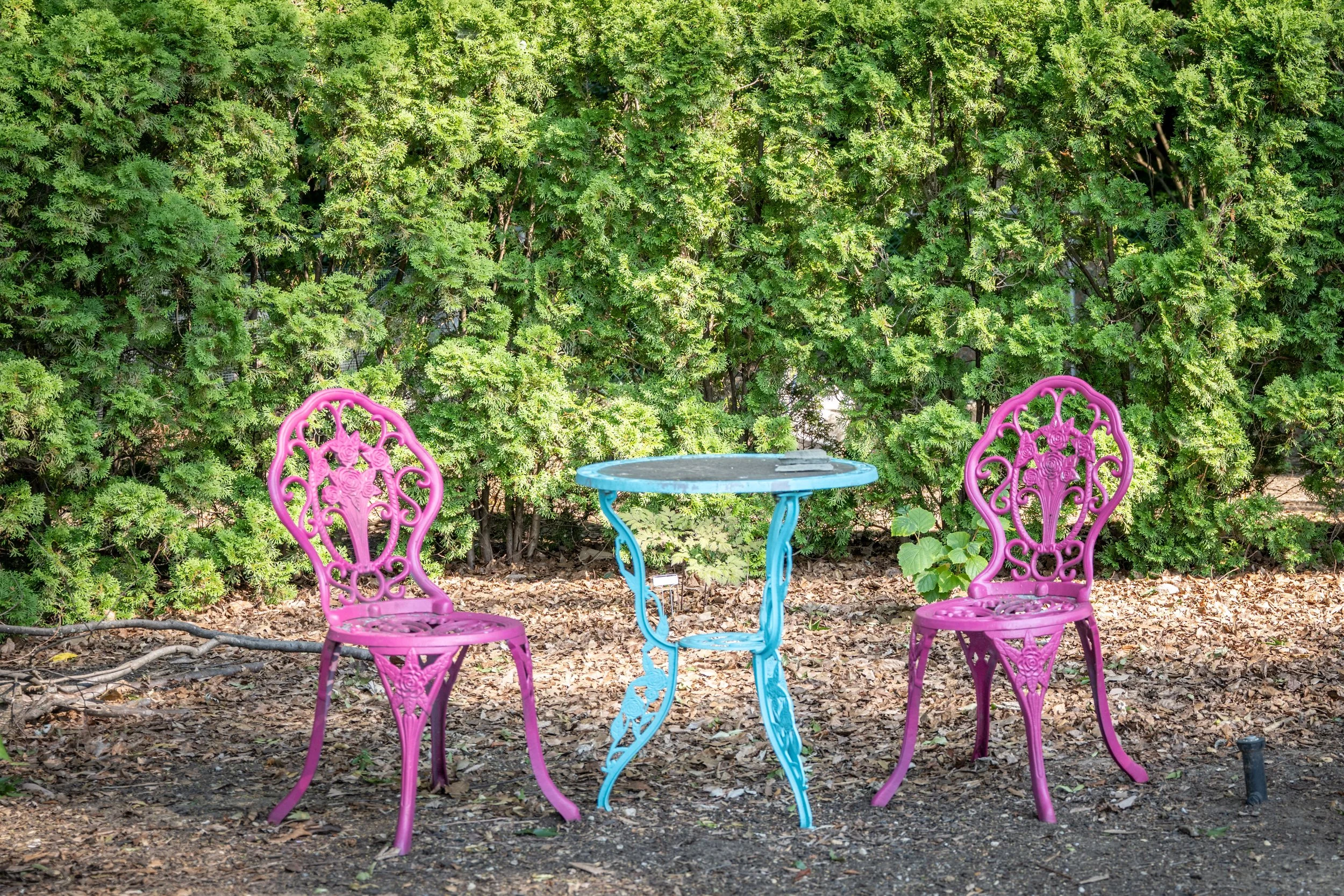 Pink ornate outdoor table with two matching pink chairs, set against green shrubbery.