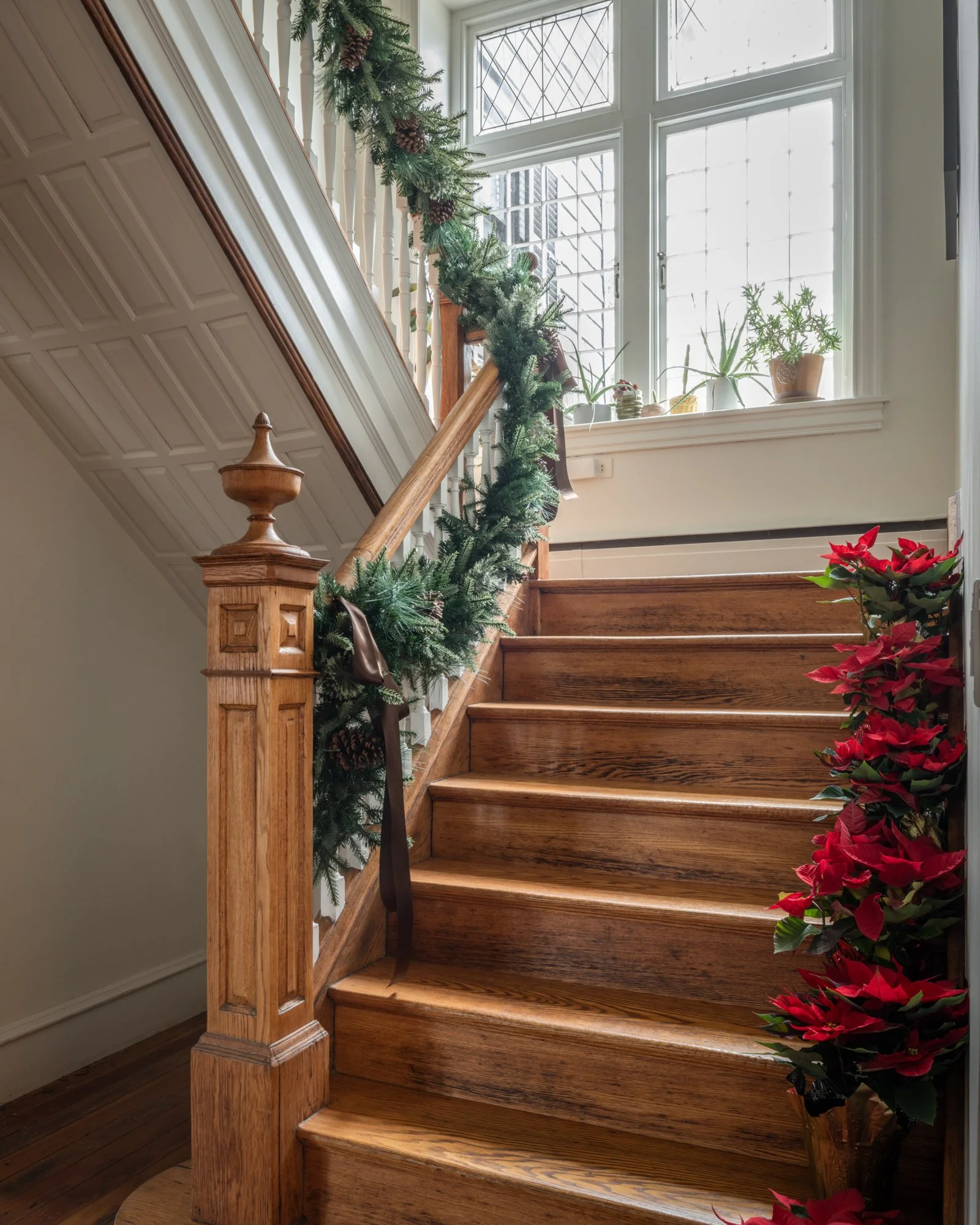 A wooden staircase decorated with green Christmas garland and a poinsettia plant in a pot at the bottom right corner. The staircase leads to a large window with potted plants on the windowsill, allowing natural light to fill the space.