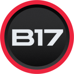 Logo with black background, white text 'B17', and a red circular border