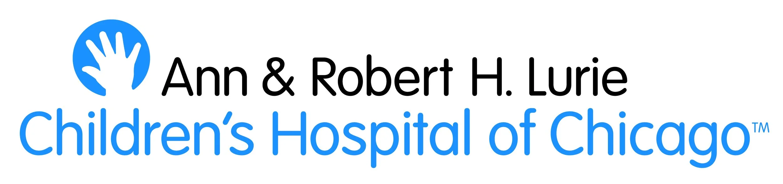 Logo of Ann & Robert H. Lurie Children's Hospital of Chicago with a blue hand symbol and text in black and blue.
