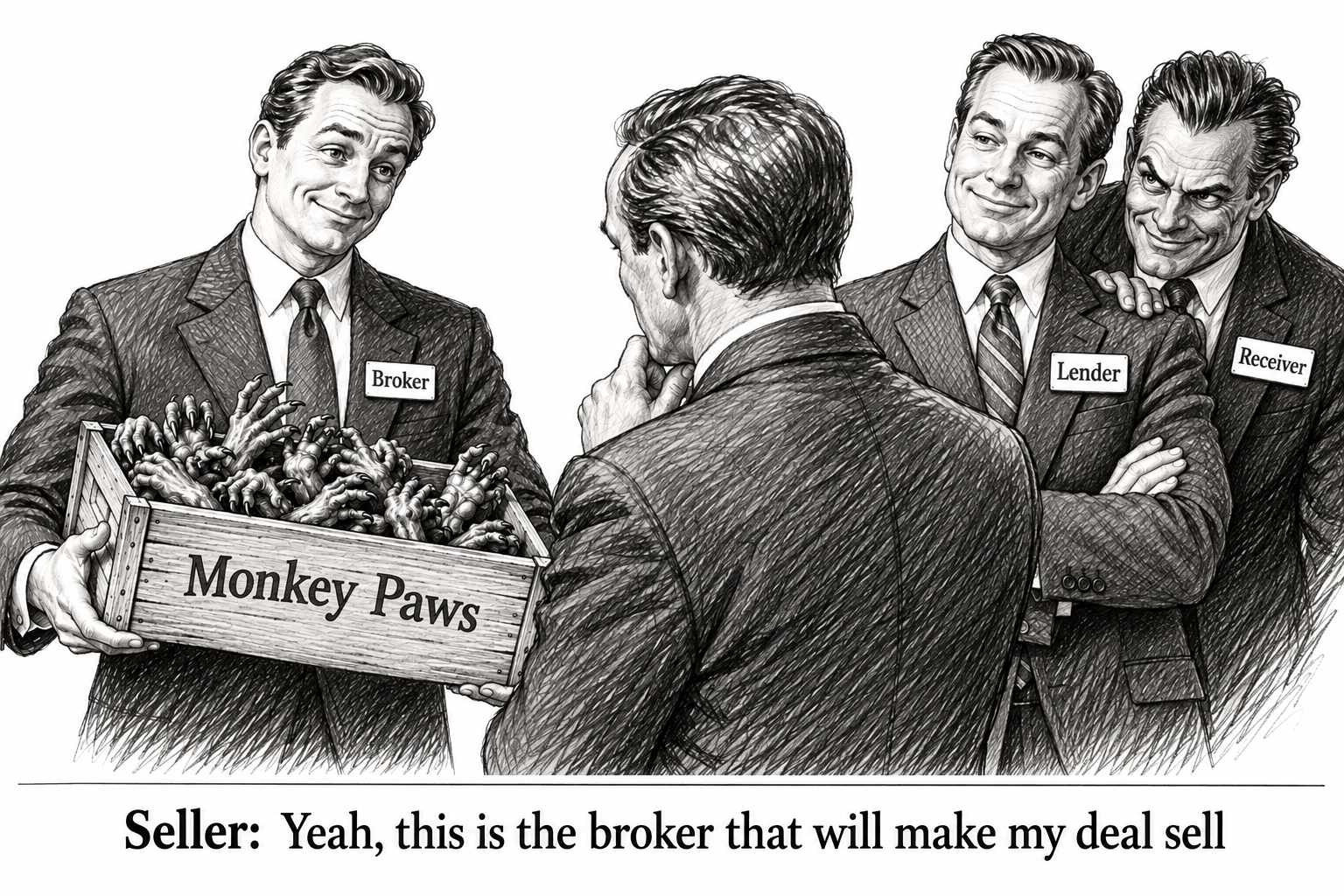 Image of a sketchy broker holding a crate of monkey paws while a seller looks at it and says "Yeah, this is the broker that will make my deal sell".  In the background is a lender and receiver looking on.
