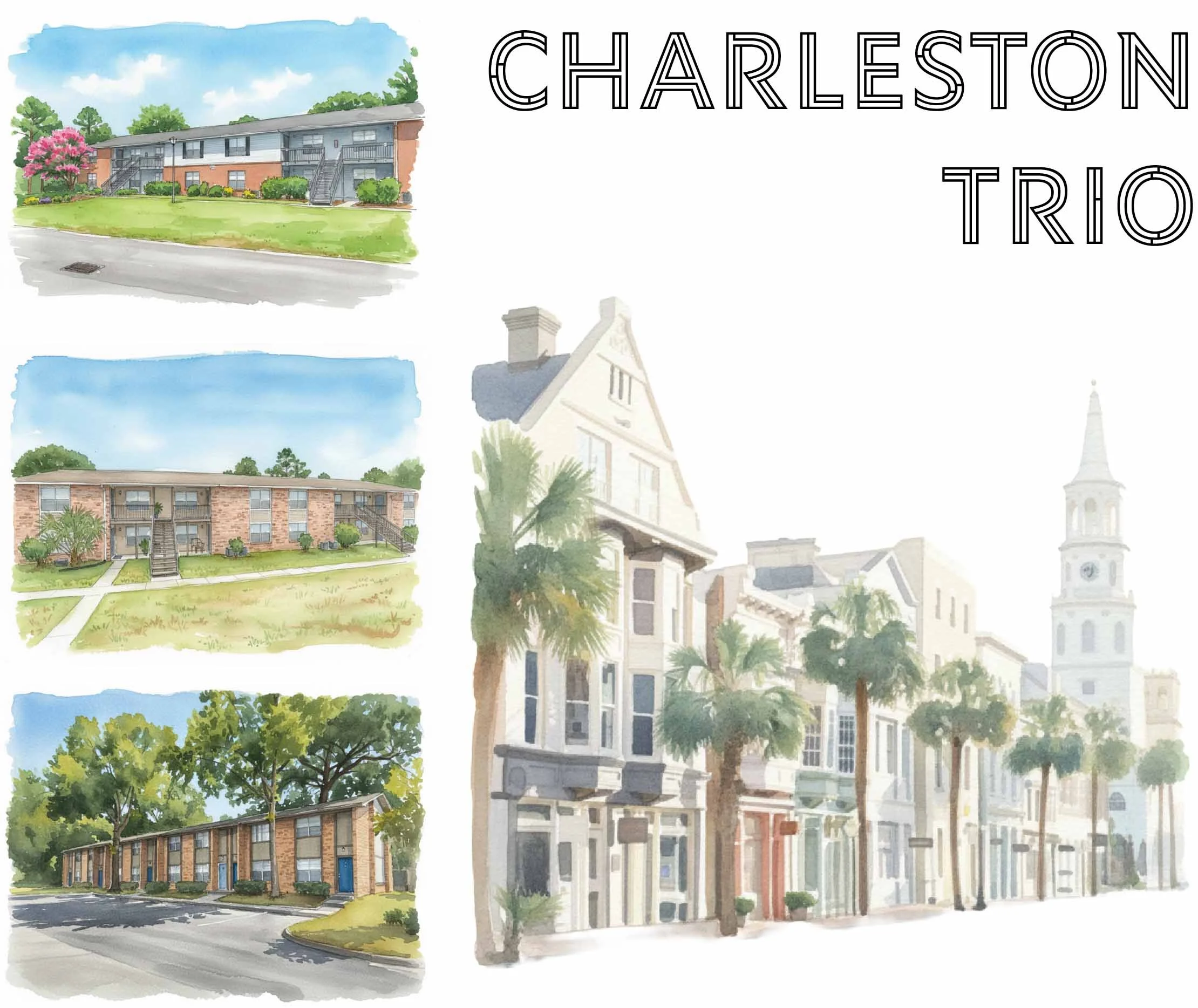Watercolor drawings of a portfolio of apartment communities for sale in Charleston, SC.