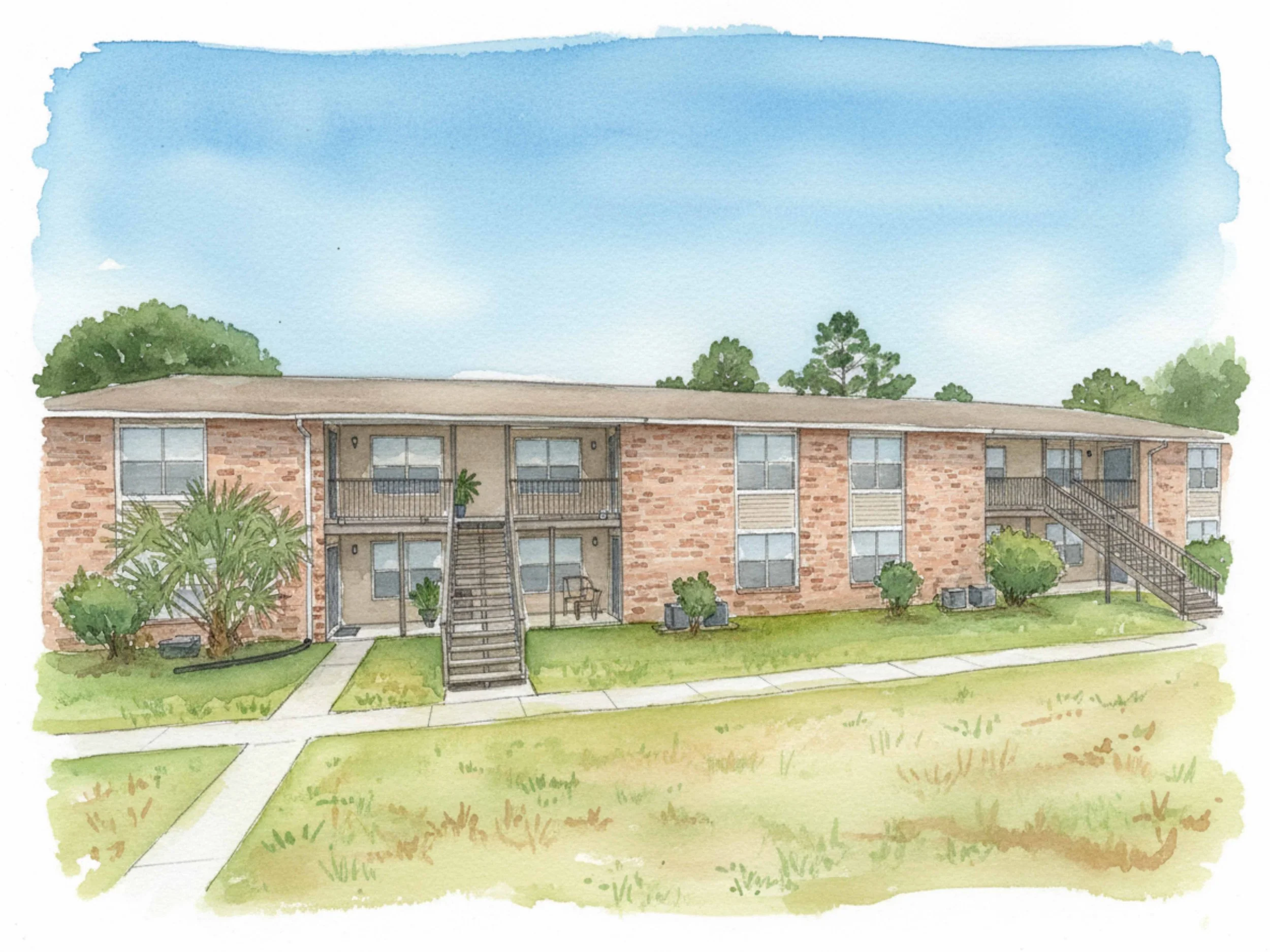 Water color drawing of West Village Apartments in Charleston, SC.