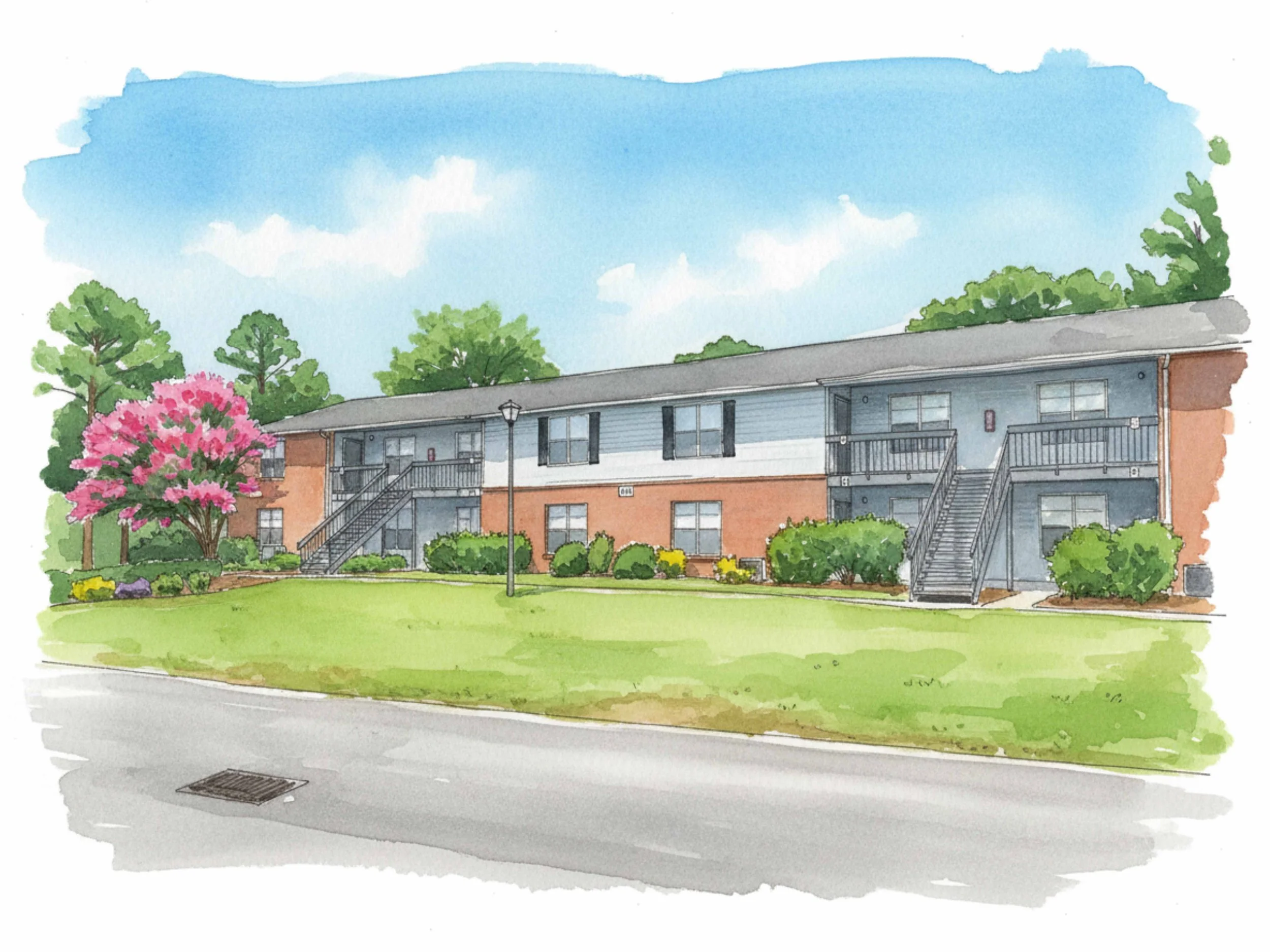 Water color drawing of Village Square Apartments in Charleston, SC.