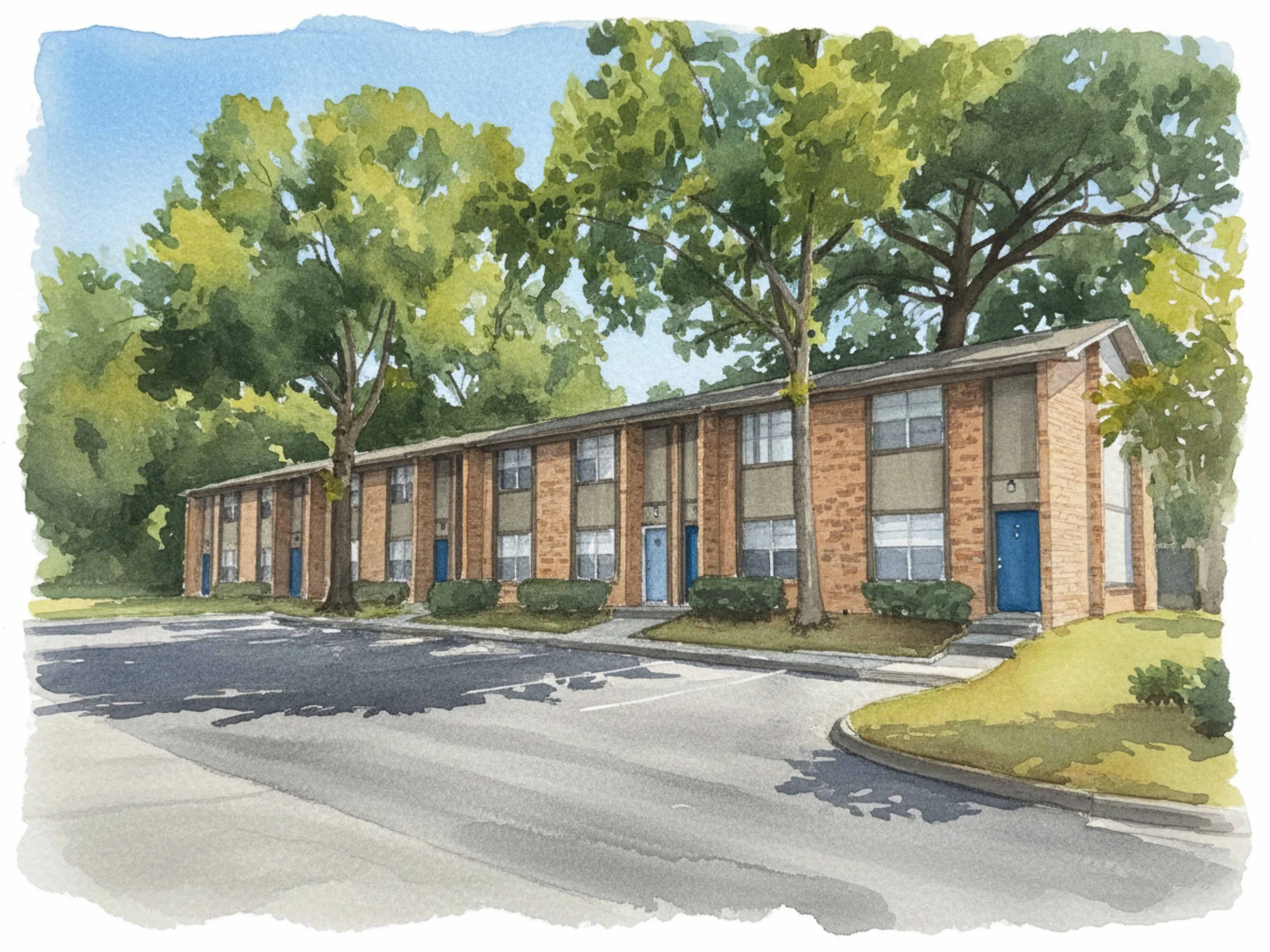 Water color drawing of Townhouse Village Apartments in Charleston, SC.