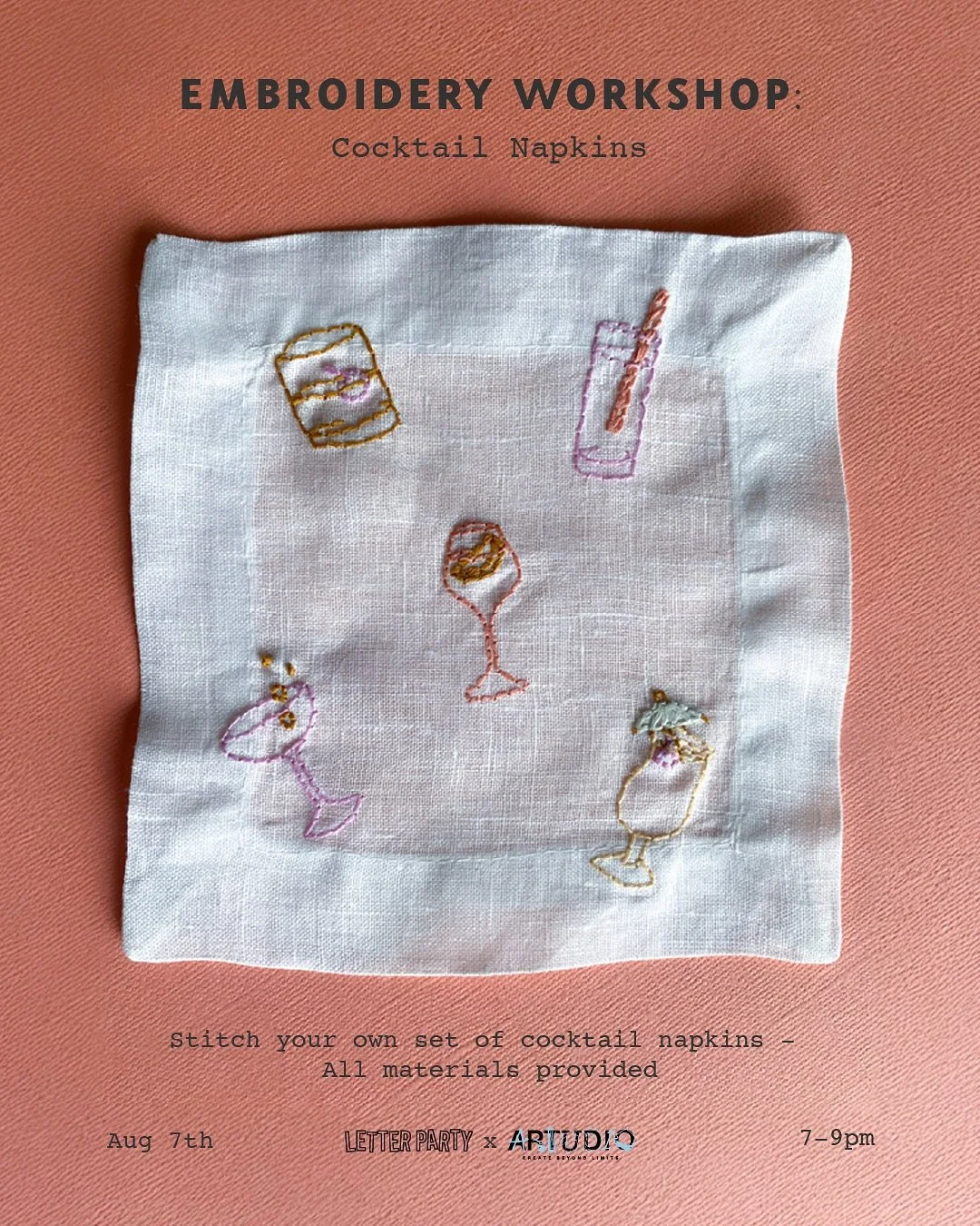 🍒🍸Cocktail Napkin Embroidery Class 🥂🫒

Join me at @artudiony for a cocktail themed embroidery class. We'll be learning the backstitch to personalize a set of cocktail napkins - use stick and stitch patterns or create your own designs.

All materi
