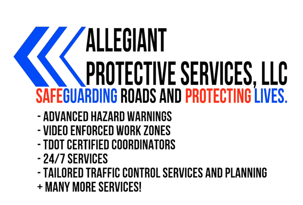 Logo of Allegiant Protective Services, LLC with a slogan emphasizing safeguarding roads and lives, mentioning services like hazard warnings, work zones, traffic control, and 24/7 services.