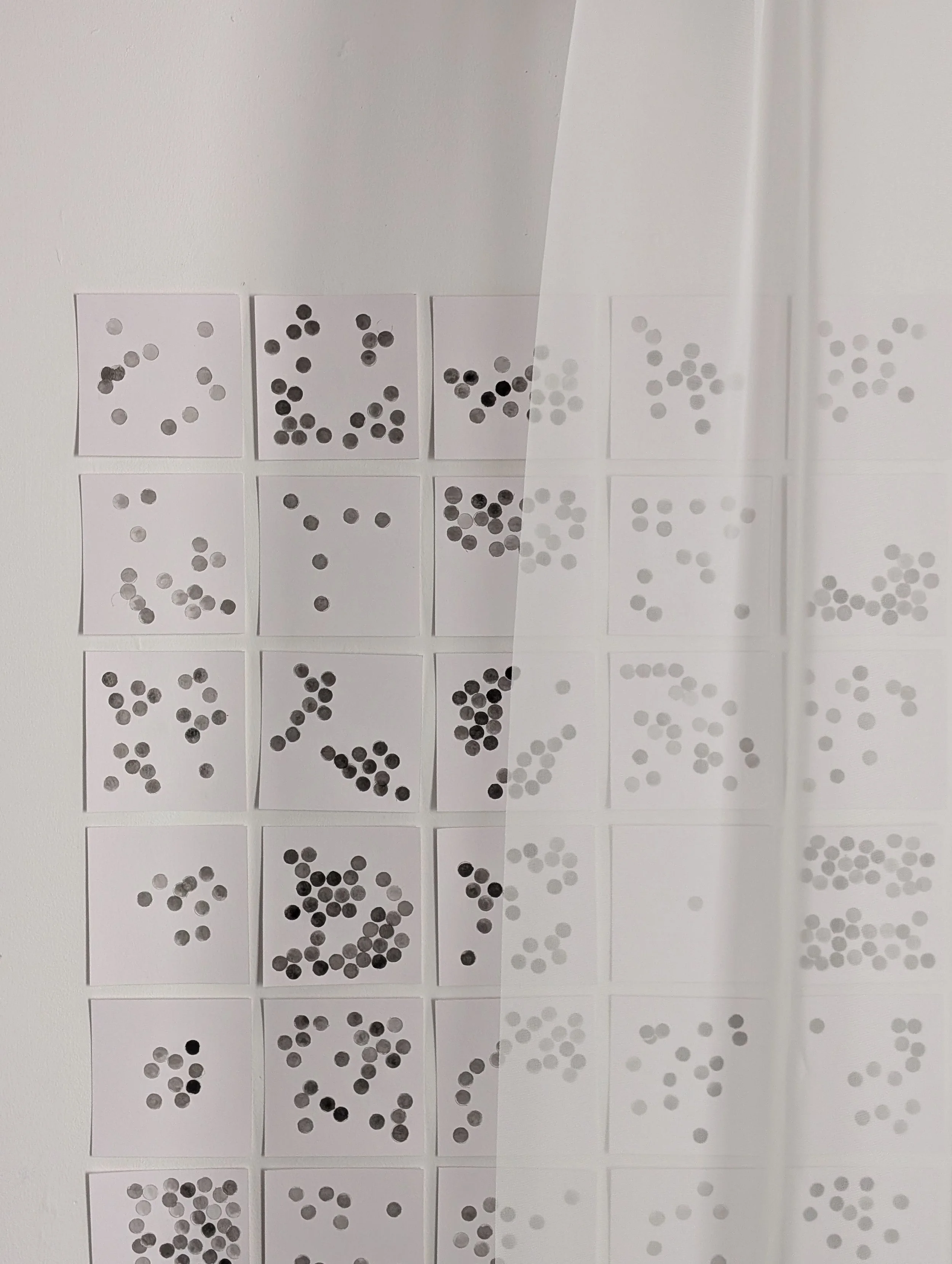 Circle (2024).  Graphite and watercolour on paper, chiffon panel.  104.5 x 104.5cm