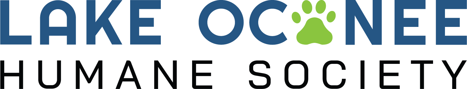 The logo of Lake Oconee Humane Society featuring the words 'Lake Oconee' in blue, with a green paw print in place of the letter 'O', and 'Humane Society' in black underneath.