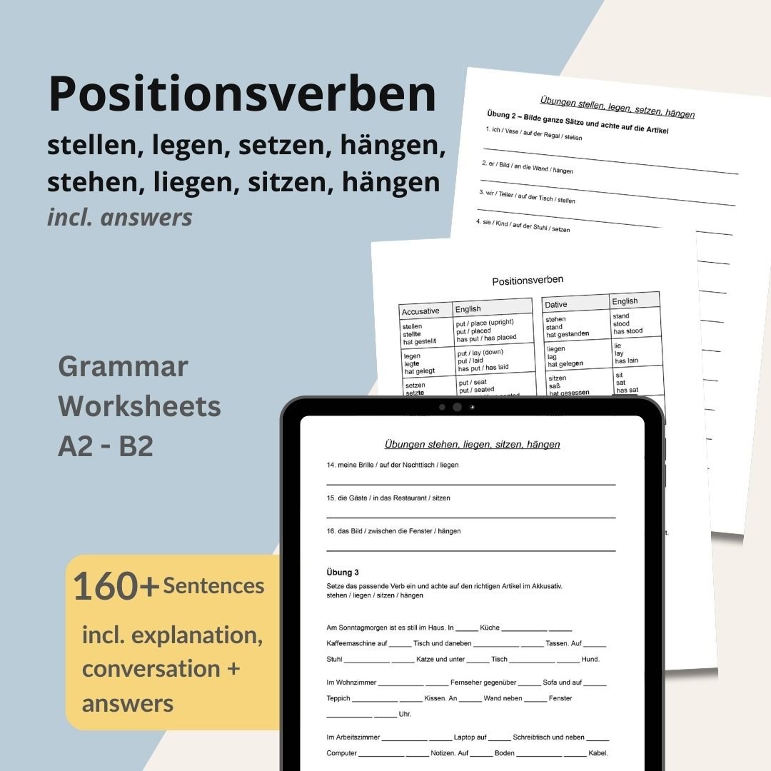Masterclass German Position Verbs: stehen/stellen, liegen/legen, sitzen/setzen | A2-B1 PDF Bundle