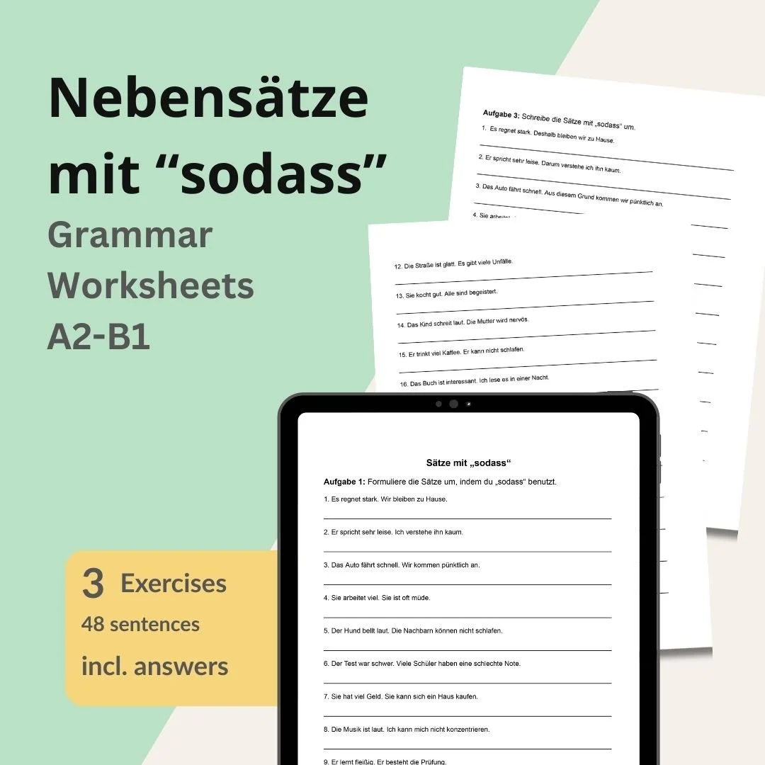 German Grammar Worksheet: Sentences mit "sodass" | Printable PDF Bundle