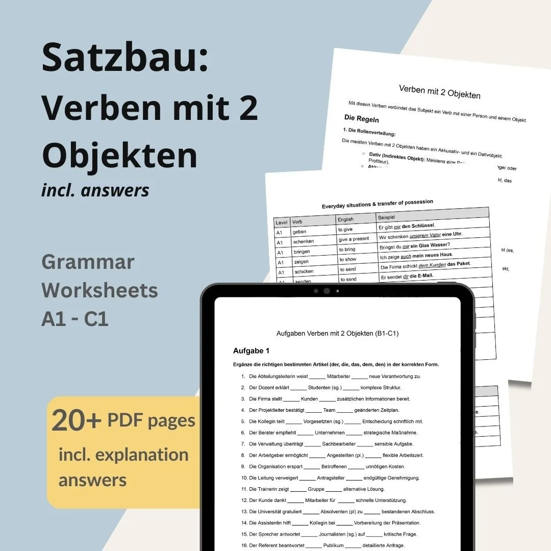German Grammar: Verbs with Two Objects (A1-C1) | 224 Tasks & Bilingual Guides | PDF bundle