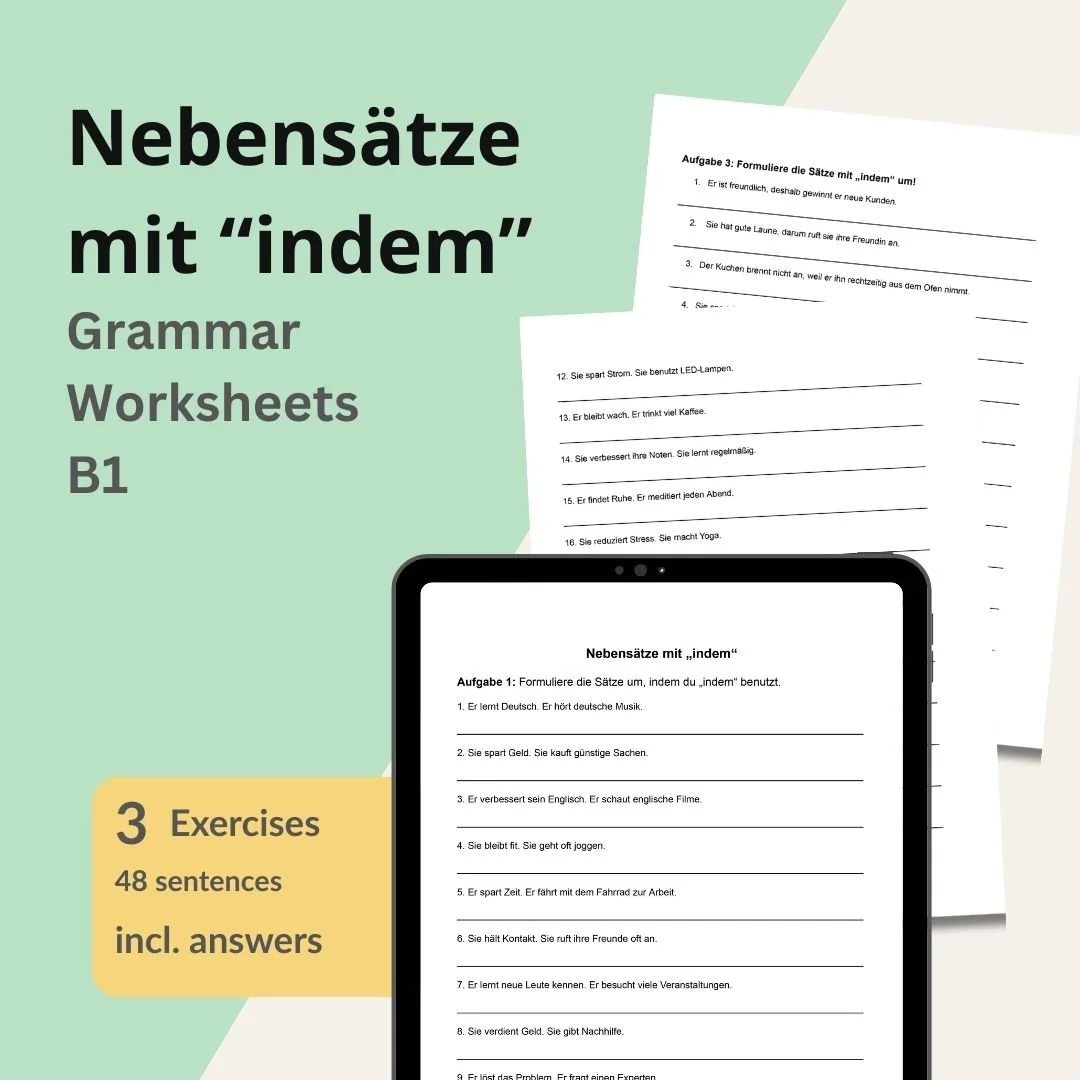 German Grammar Worksheets: Nebensätze mit "indem" | Printable PDF