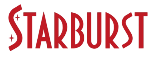 Starburst logo in red text with stylized starburst symbols