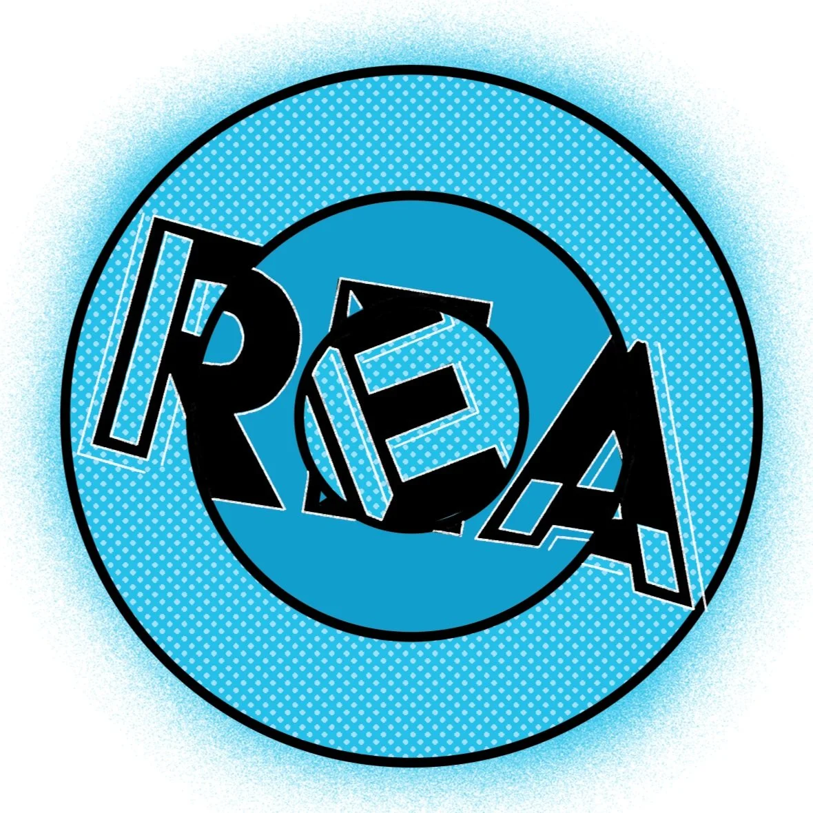 Pop art style graphic with the word "REAR" in bold black letters in the center, surrounded by concentric circles with a halftone pattern and a blue color scheme.