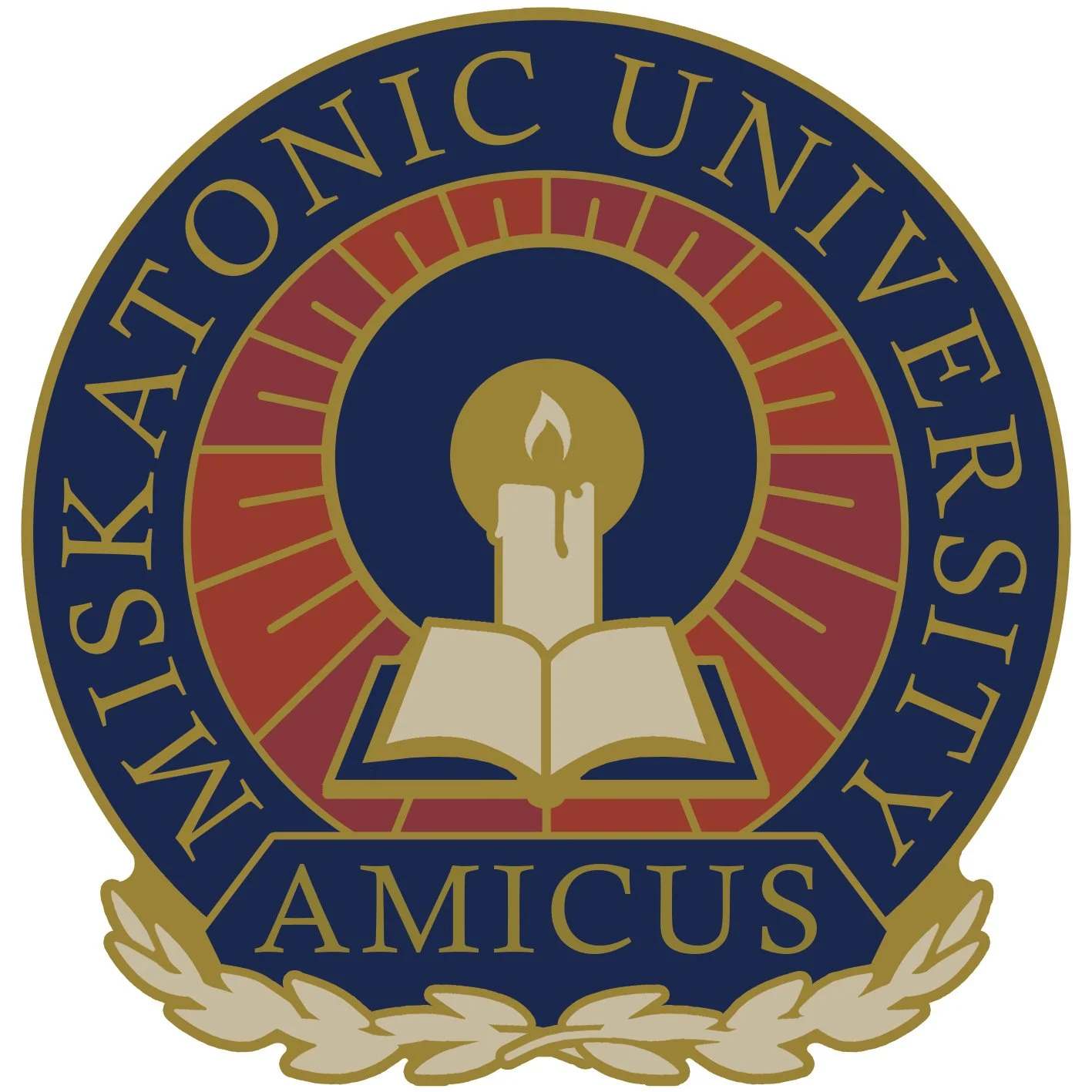 Seal with the words "MSK AMONIC UNIVER" around a candle in a holder, an open book, and a red and gold circular design.