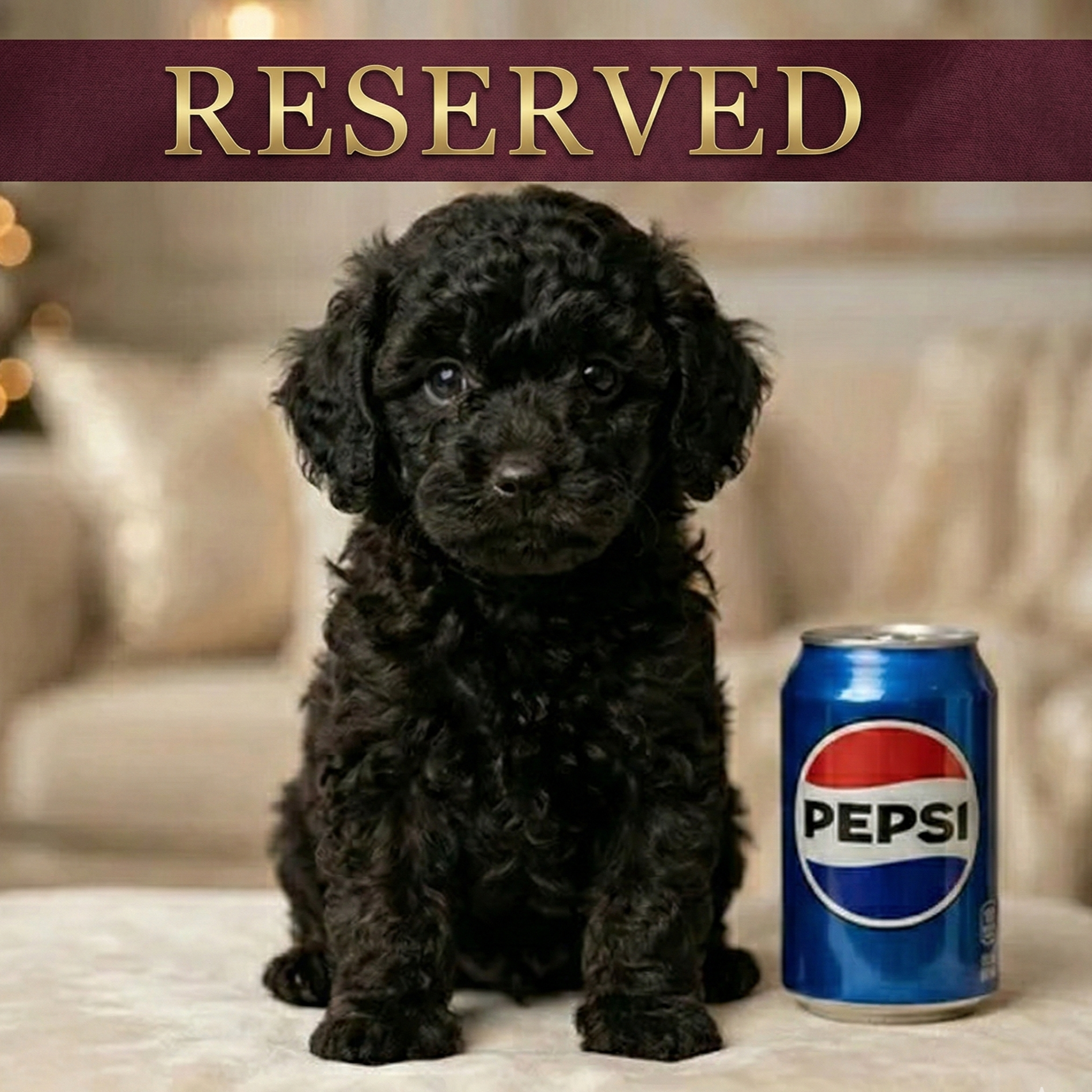 Tiny black male Toy Poodle puppies with curly coats sitting on a cream sofa, one positioned beside a Pepsi can for size reference, showcasing their exceptionally small scale.