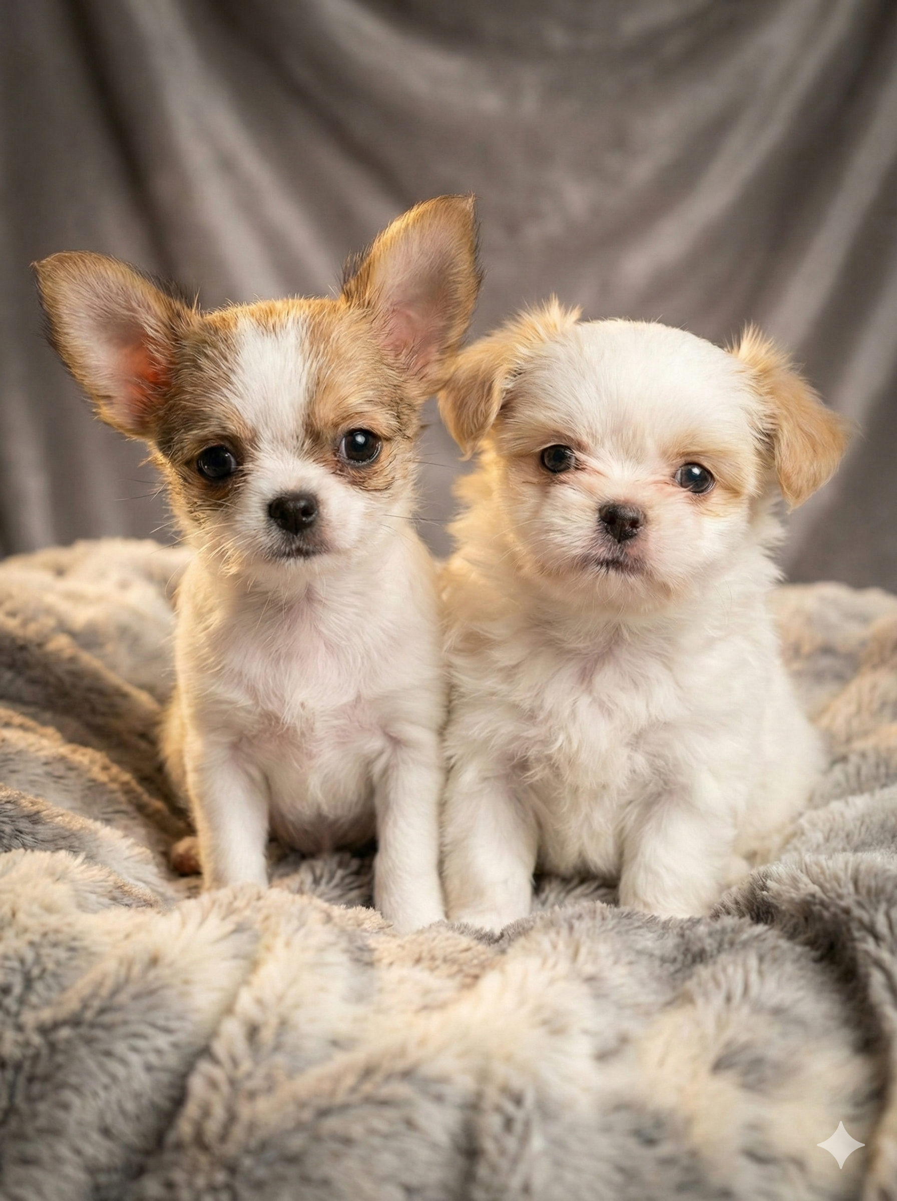Two tiny male Imperial Shih Tzu × Chihuahua puppies sitting closely together on a soft neutral blanket, featuring cream and white coats with subtle tan markings; one appears slightly more alert while the other looks fluffy and gentle.