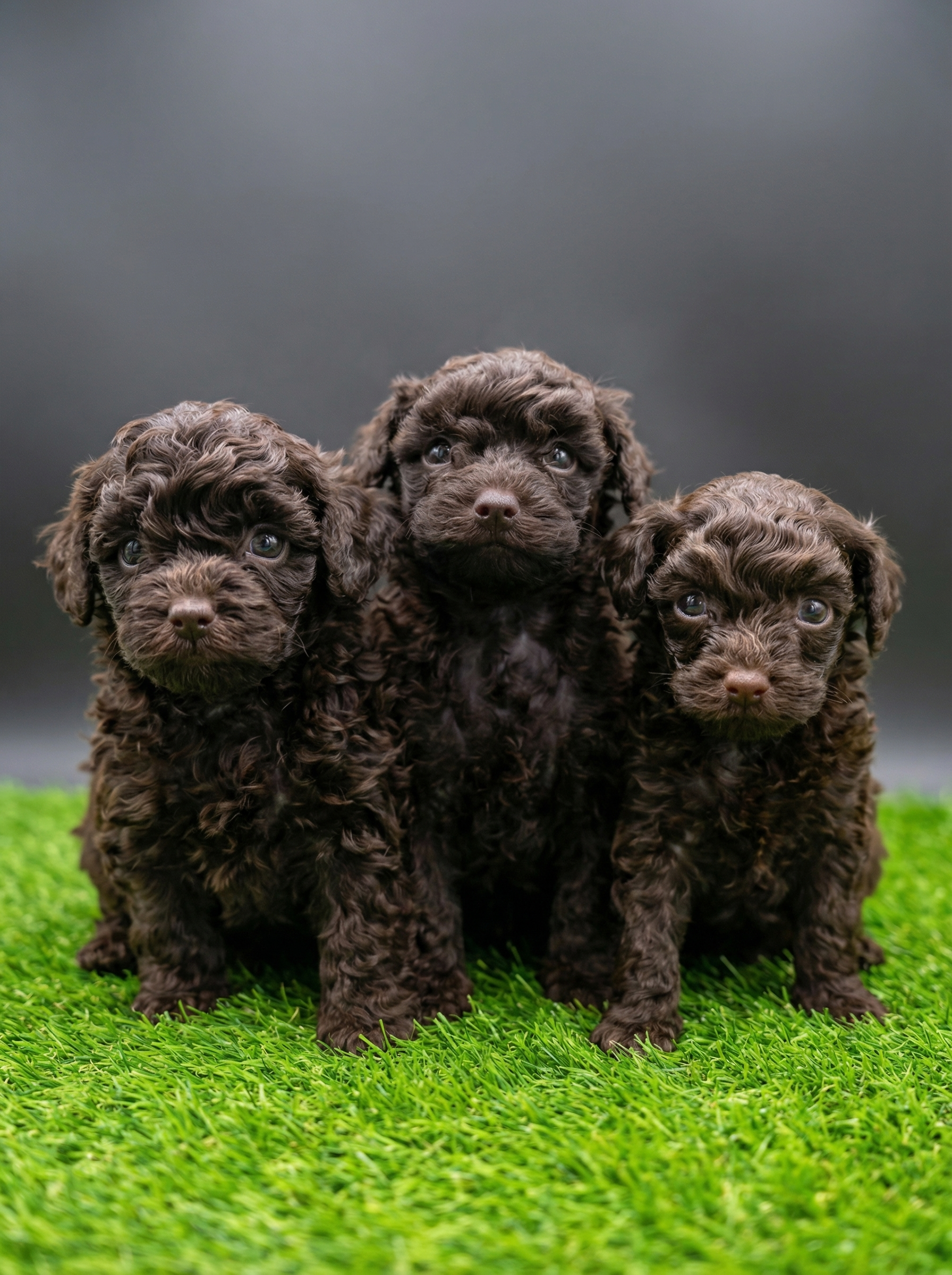 Three chocolate male toy poodle teddy bear puppies sitting on grass with curly coats and gentle expressions