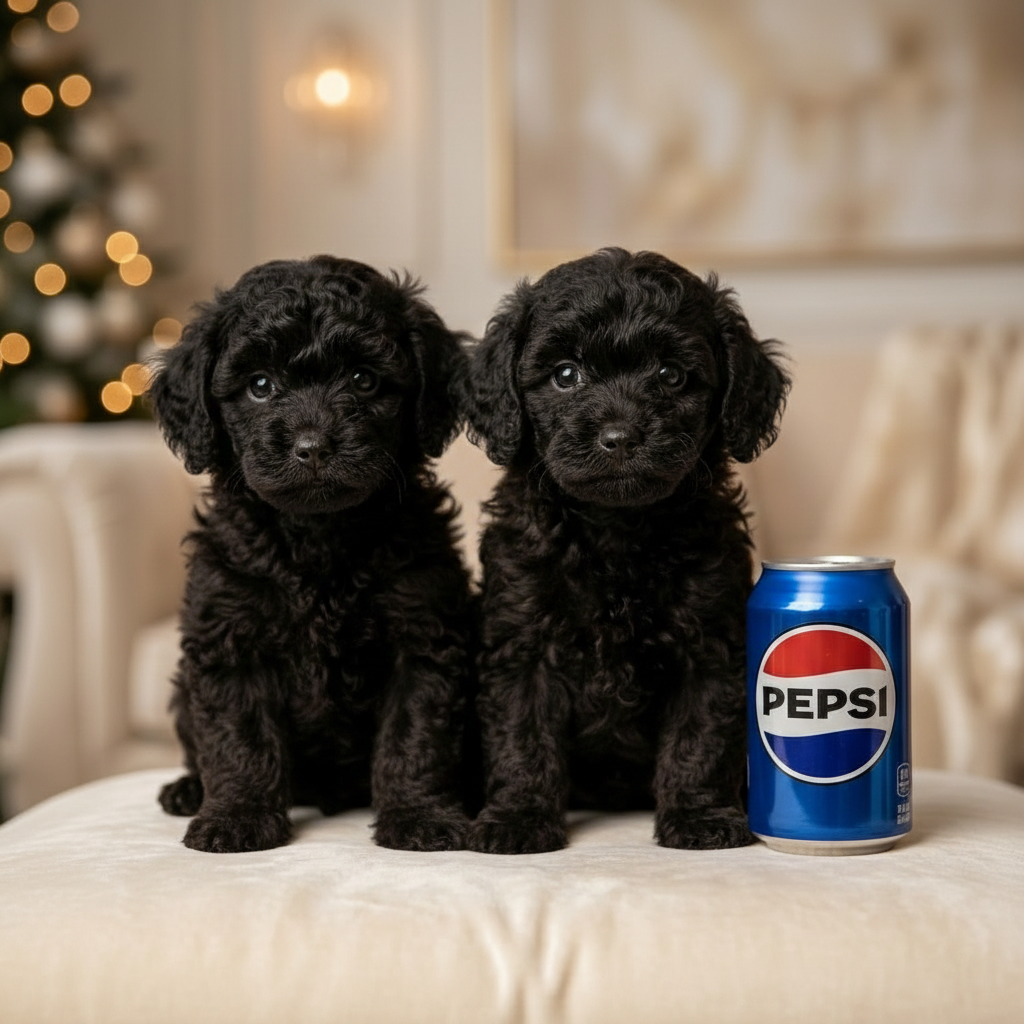 Two tiny black male Toy Poodle puppies with curly coats sitting on a cream sofa, one positioned beside a Pepsi can for size reference, showcasing their exceptionally small scale.
