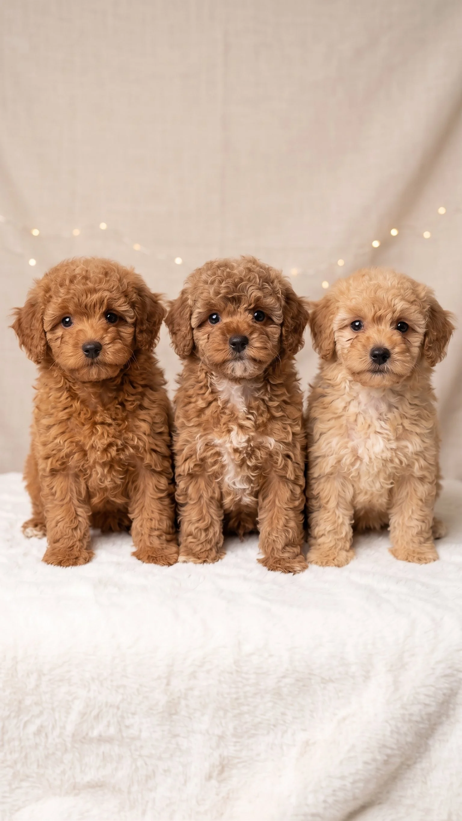 Trois chiots caniches miniatures de couleur abricot et crème, assis côte à côte de face sur une couverture blanche lors d'une séance photo professionnelle.