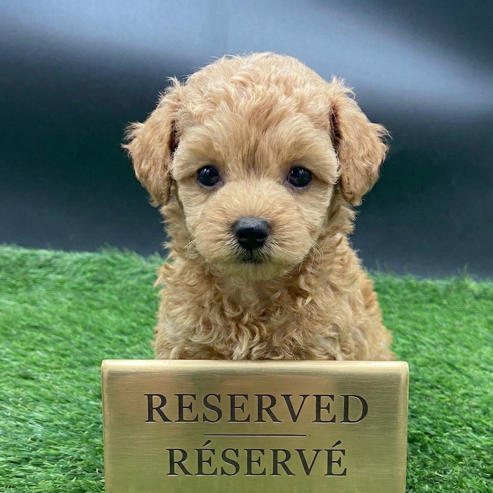 Tiny apricot teacup female toy poodle puppy with a curly coat, sitting on green grass, looking sweetly at the camera.