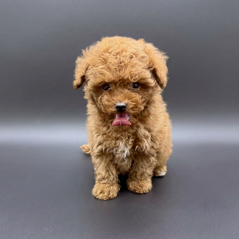 Male dark apricot Tiny Toy Poodle puppy sitting on a plush green blanket, with a curly coat, bright expressive eyes, and a small compact build, playfully sticking out his tongue between soft cushions.