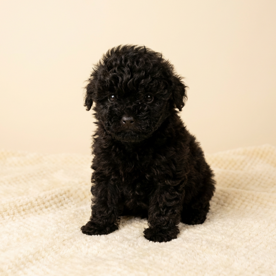 Black Toy Poodle puppy sitting on a soft cream blanket, with a plush curly coat, round gentle eyes, and a small, elegant build, posed calmly in a cozy indoor setting.