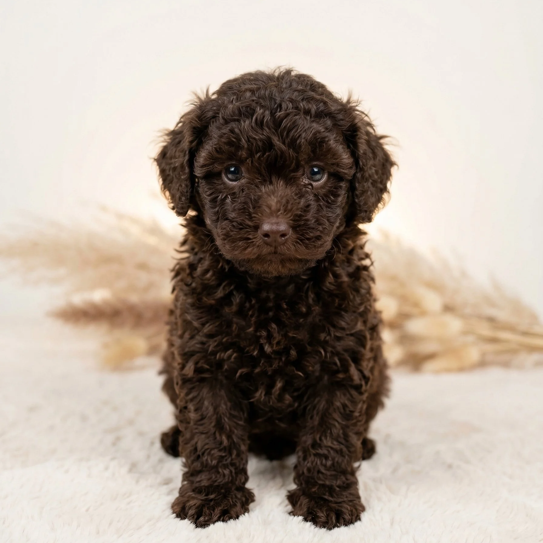 Small brown female toy poodle puppy with a curly chocolate coat, sitting on a soft cream blanket, looking gently at the camera.