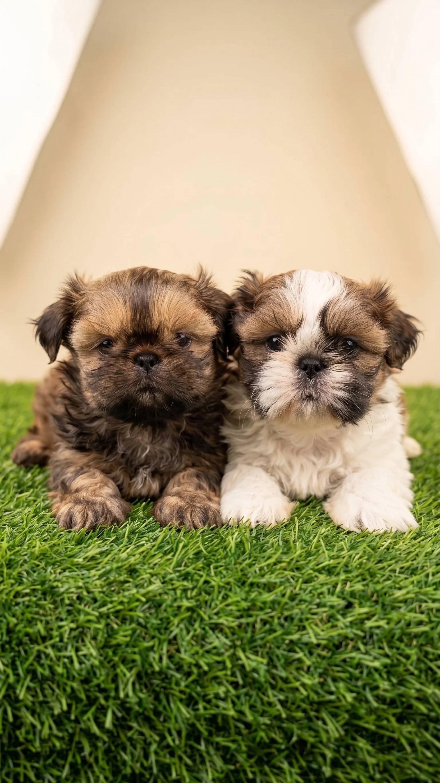 High-quality studio portrait of two adorable Shih Tzu puppies resting on vibrant green turf with a clean, neutral background