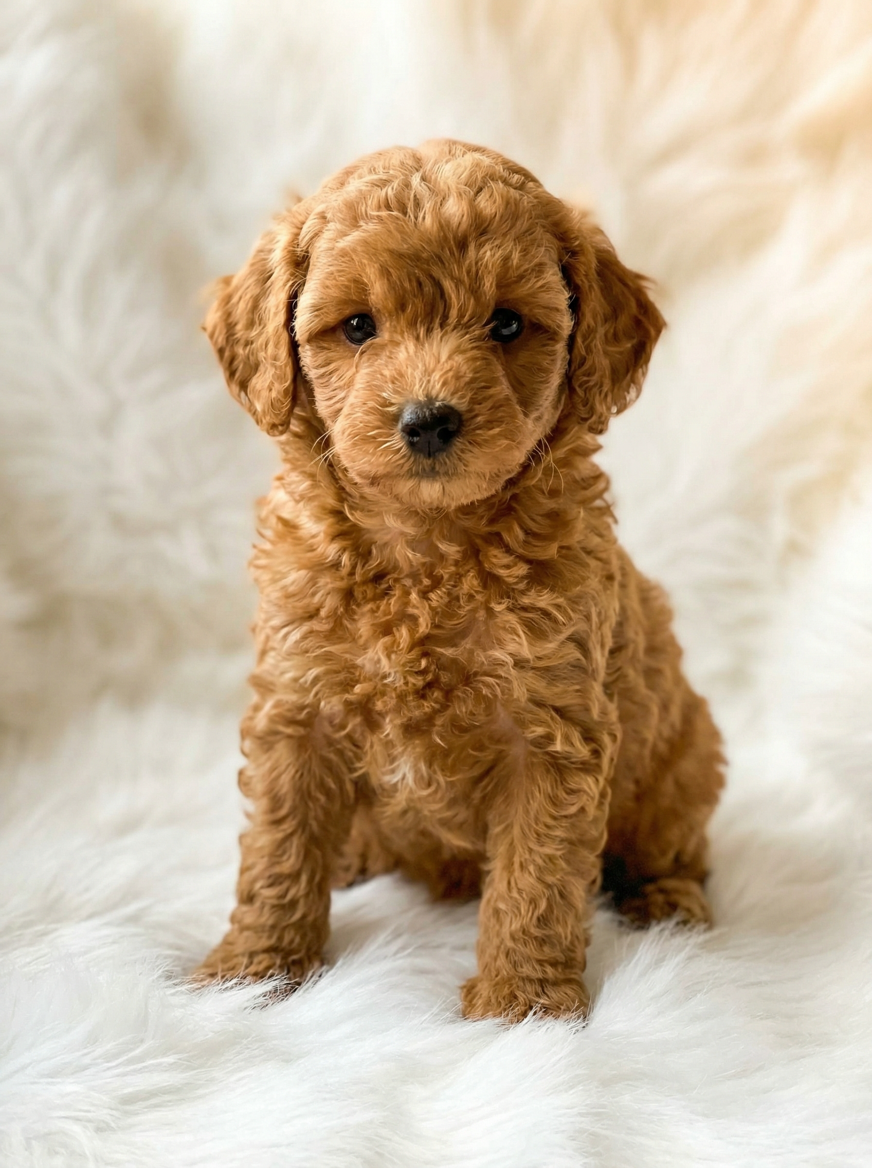 Male apricot miniature poodle puppy sitting on soft blanket with curly coat and gentle expression