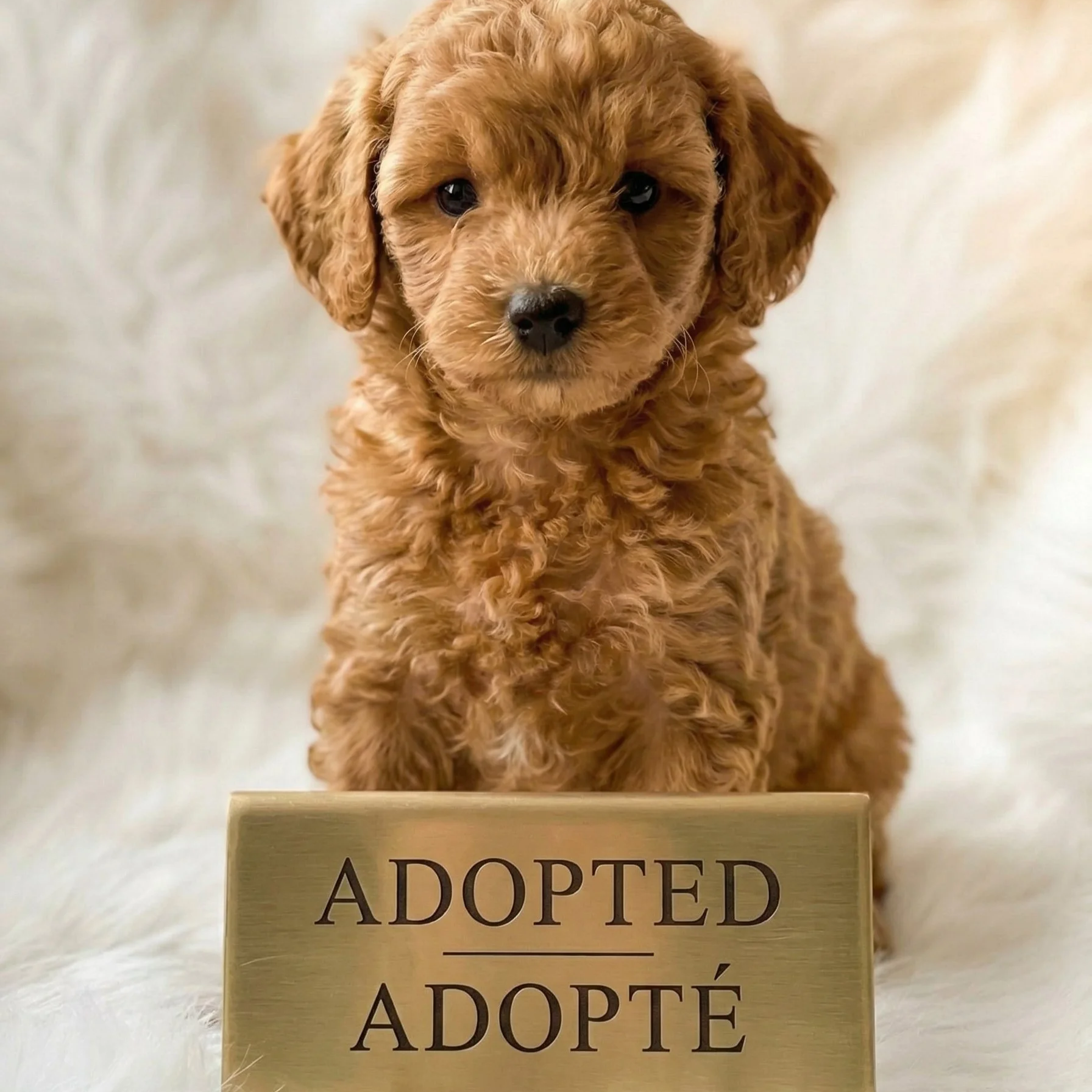 Male apricot miniature poodle puppy sitting on soft blanket with curly coat and gentle expression