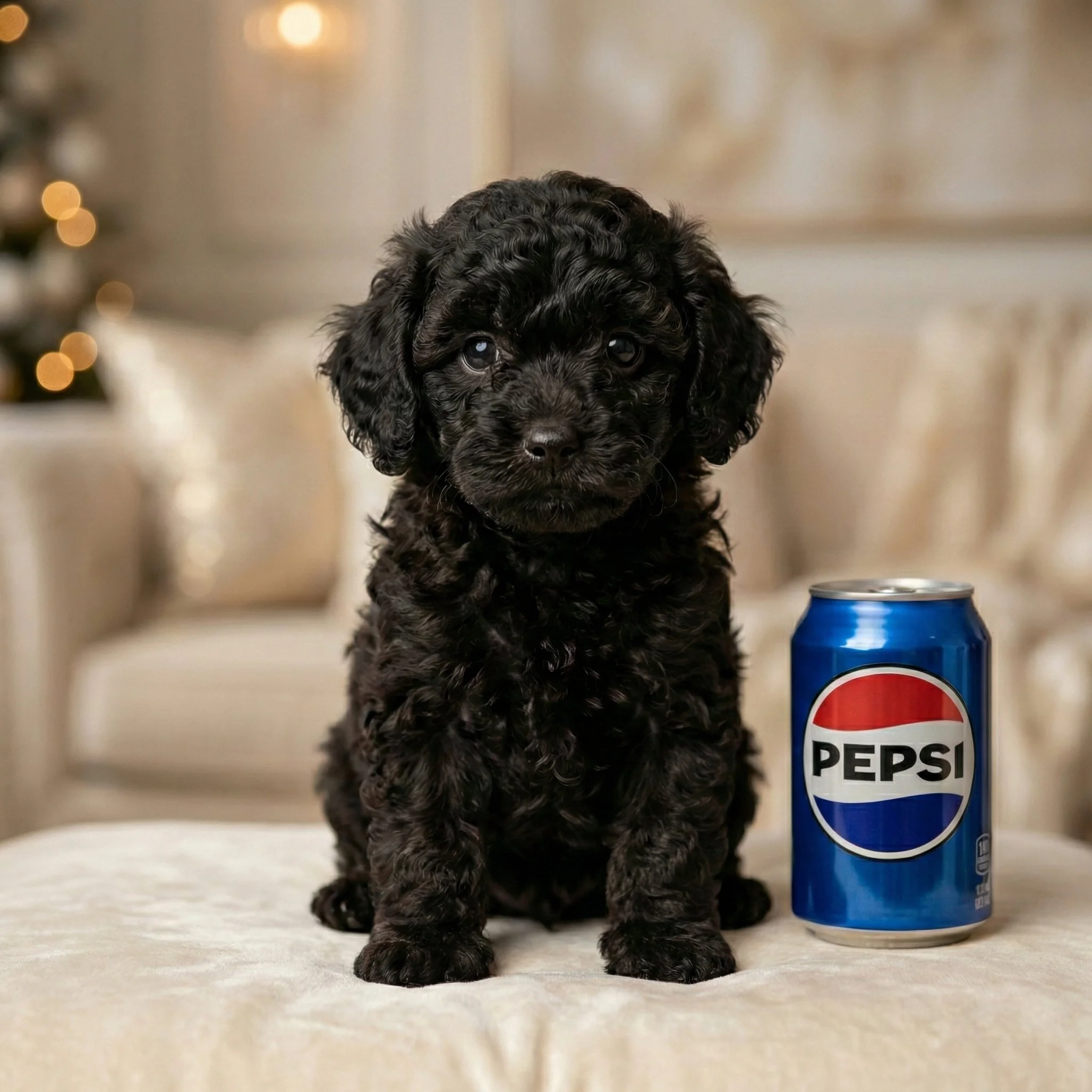 Tiny black male Toy Poodle puppies with curly coats sitting on a cream sofa, one positioned beside a Pepsi can for size reference, showcasing their exceptionally small scale.