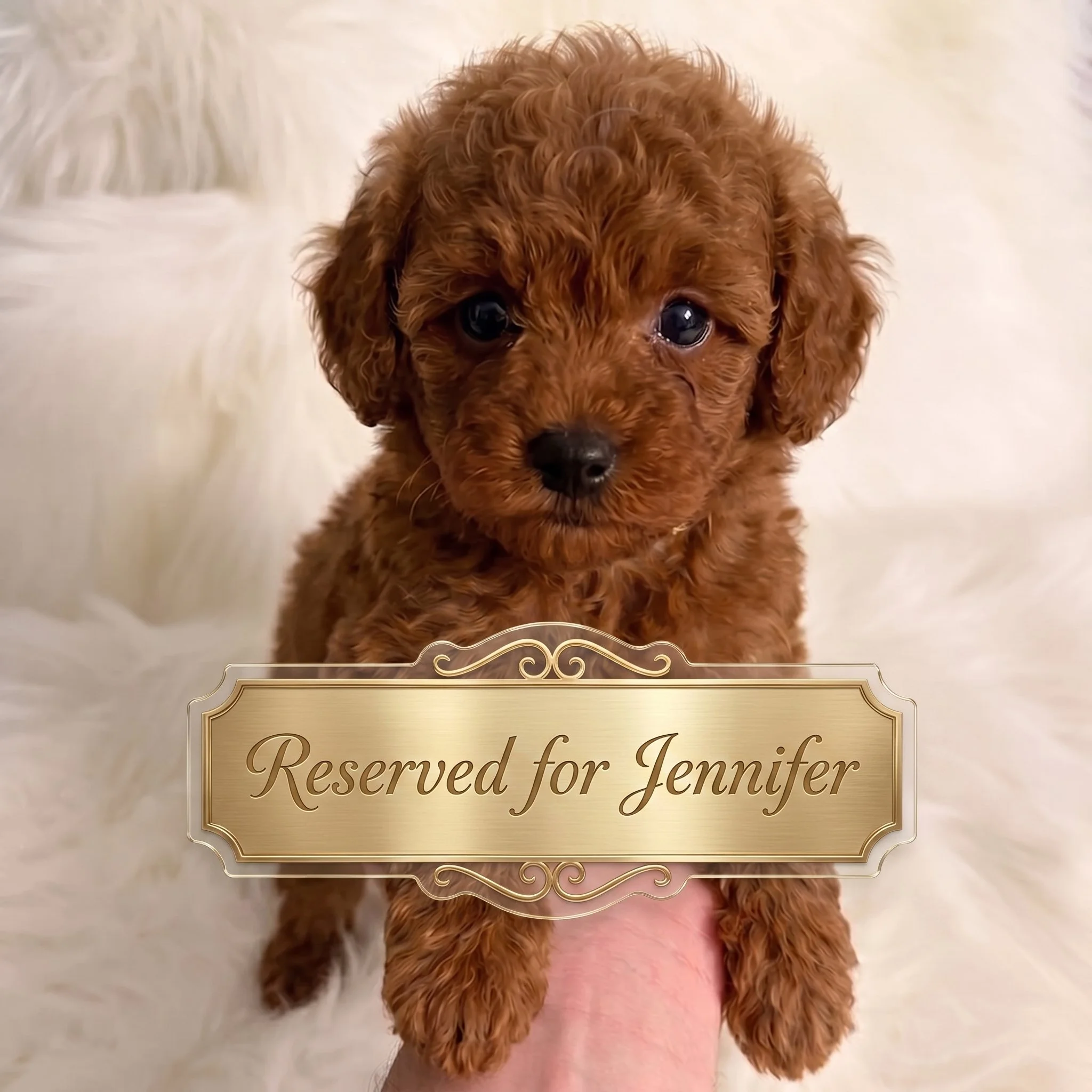 A small, fluffy red toy poodle puppy being held gently in a person's hand against a soft, white faux-fur background. The puppy has curly, well-groomed mahogany-colored fur, dark button eyes, and a small black nose, looking directly at the camera with