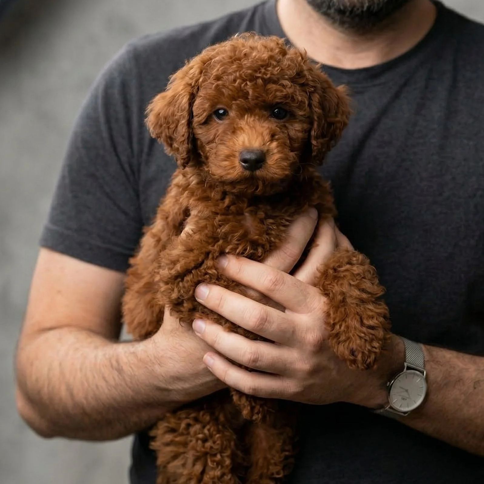 Small red male mini toy poodle puppy with a curly coat, sitting on a soft neutral blanket, looking calmly at the camera.