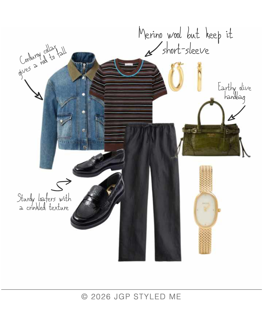 Black linen pants styled for autumn with merino wool sweater, denim jacket with corduroy pops and black loafers
