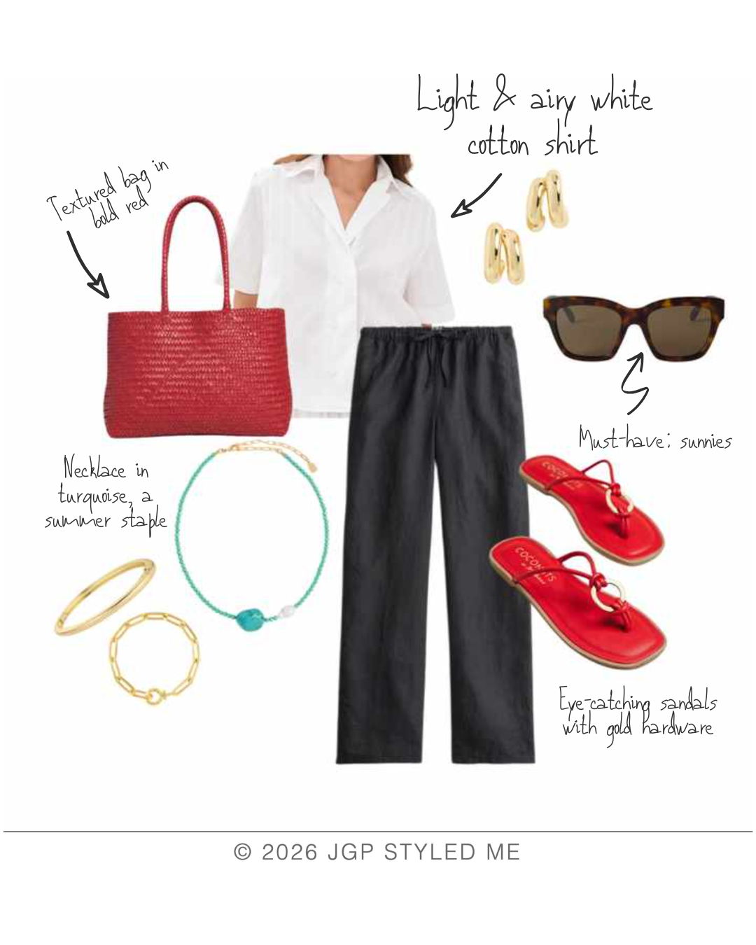 Black linen pants styled for summer with white shirt, red purse and red sandals