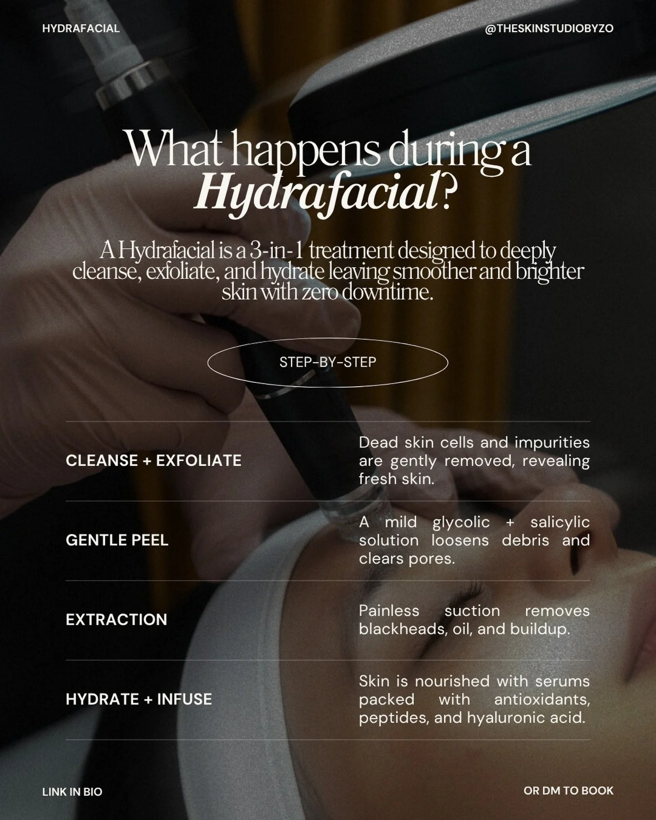 Curious what actually happens during a Hydrafacial? 🖤

It&rsquo;s a 3-in-1 treatment &mdash; cleansing, exfoliating, and hydrating in one session, with zero downtime. Here&rsquo;s your step-by-step breakdown of exactly what each part of the treatmen