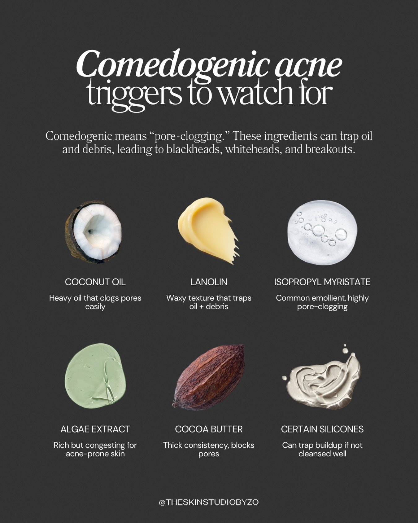 Not all &ldquo;natural&rdquo; ingredients are good for acne-prone skin. 🖤

Comedogenic just means pore-clogging &mdash; and some of the most common culprits (coconut oil, cocoa butter, certain silicones) are hiding in products marketed as gentle or 