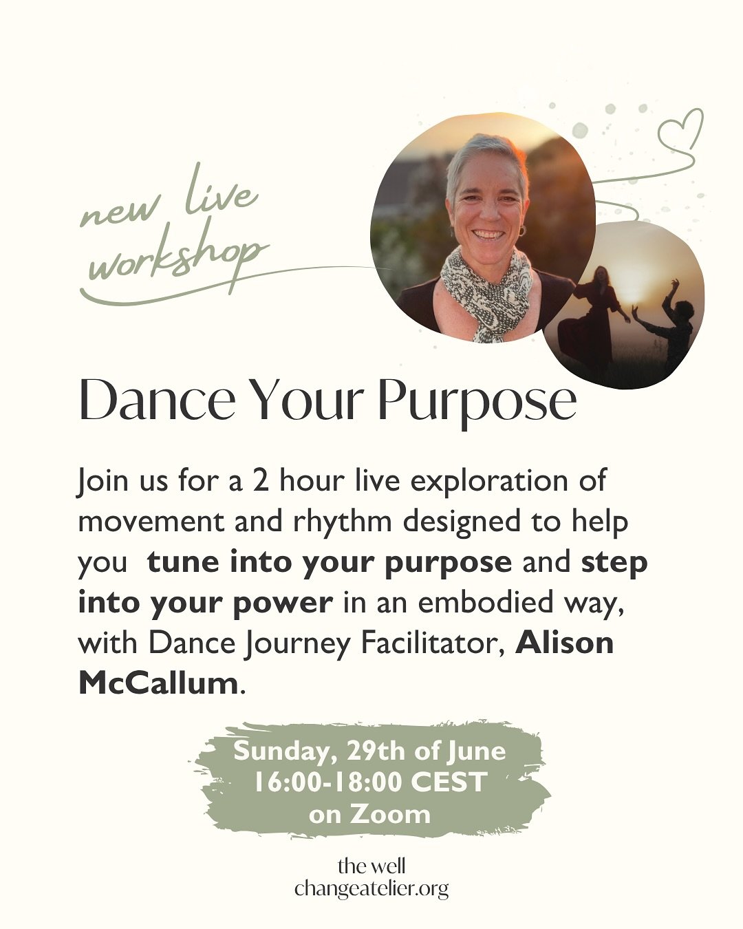 If, like many of us, you&rsquo;ve been looking at the world in flames and asking yourself: &lsquo;what is mine to do?&rsquo; &darr;

✨ Join us for our new live workshop, June 29th: Dance Your Purpose ✨

 In this 2-hour workshop, Dance Journey Facilit