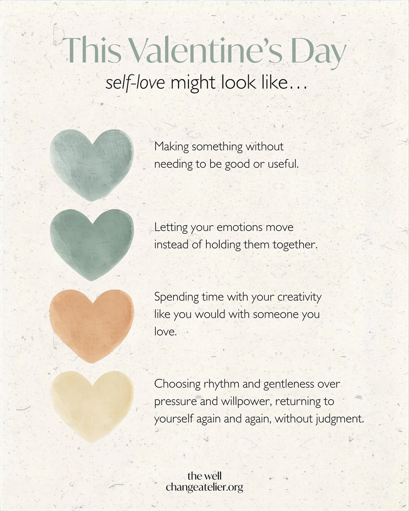 Valentine&rsquo;s Day doesn&rsquo;t have to be about grand gestures. It doesn&rsquo;t even have to be about someone else.It can be about gently tending the relationship you have with yourself.

This Valentine&rsquo;s Day, self-love might look like&he