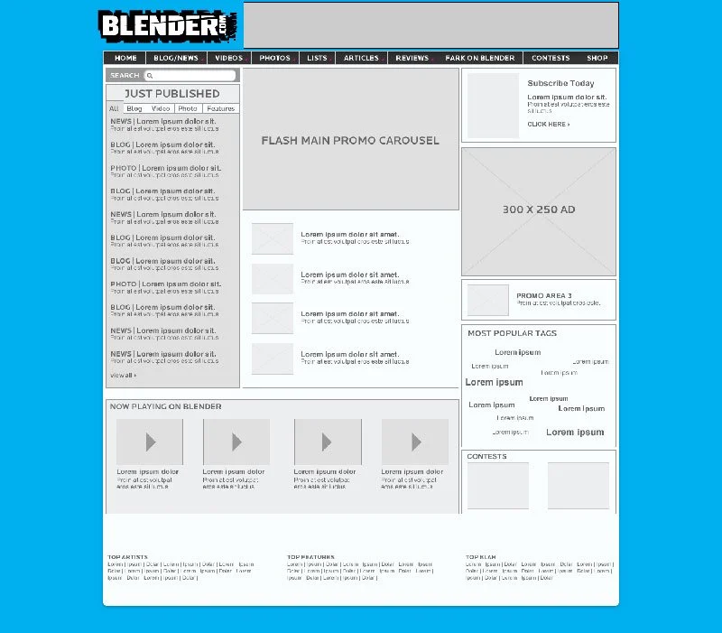 A website layout with a header titled "Blender" featuring navigation menu options like Home, Blog/News, Videos, Photos, Lists, Articles, Reviews, Fark on Blender, Contests, Shop. The main content includes sections labeled "Just Published" with blog, video, photo, feature articles, a main promo carousel, smaller ad banners, a slider for "Now Playing on Blender," and areas for promos, popular tags, contests, and footer links for top artists, top producers, and top fans.