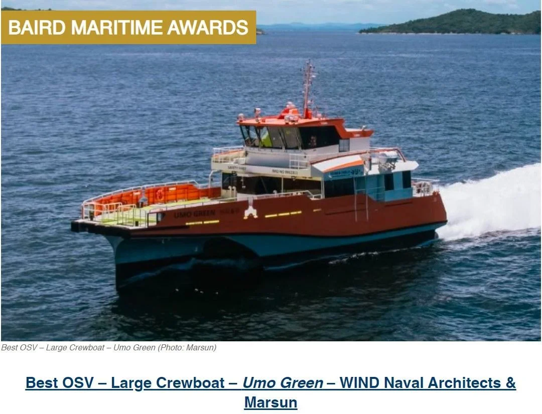 Thank you to @workboatworld for awarding our trimaran design, UMO GREEN, as the winner of the Best OSV - Large Crewboat for 2022!
Based on numerous vessel reviews, Work Boat World - Baird Maritime has judged our trimaran CTV to be the overall best ve