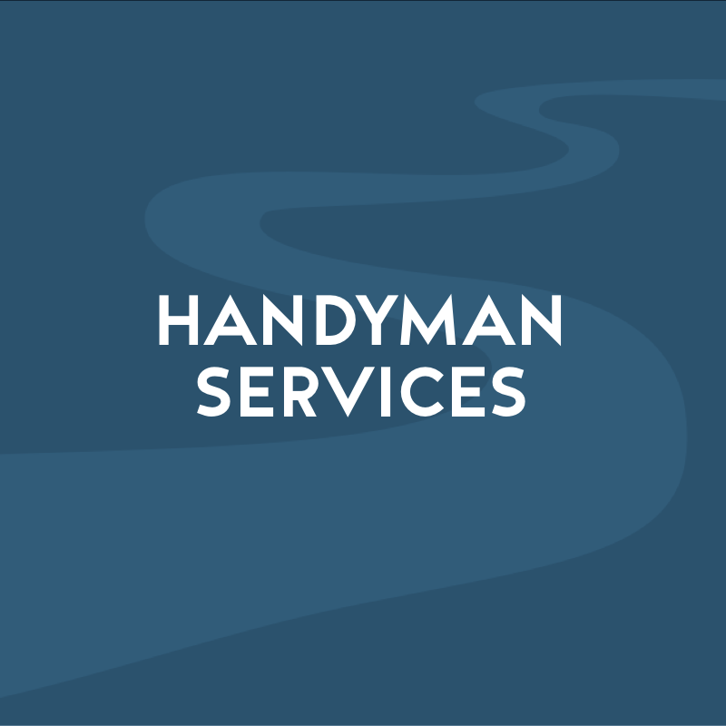 Graphic design with the text 'Handyman Services' on a dark blue background with a stylized curved line.