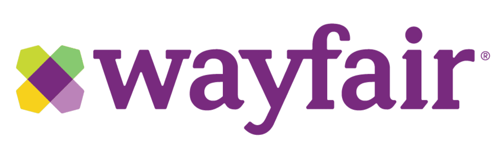 Logo with the word "Wayfair" in purple next to a geometric icon of overlapping shapes in yellow, purple, green, and lavender.